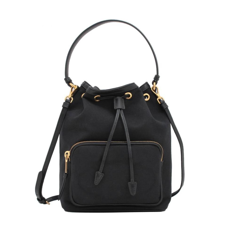 Prada Black Canvas Jacquard Logo Convertible Medium Bucket Bag 1BH097