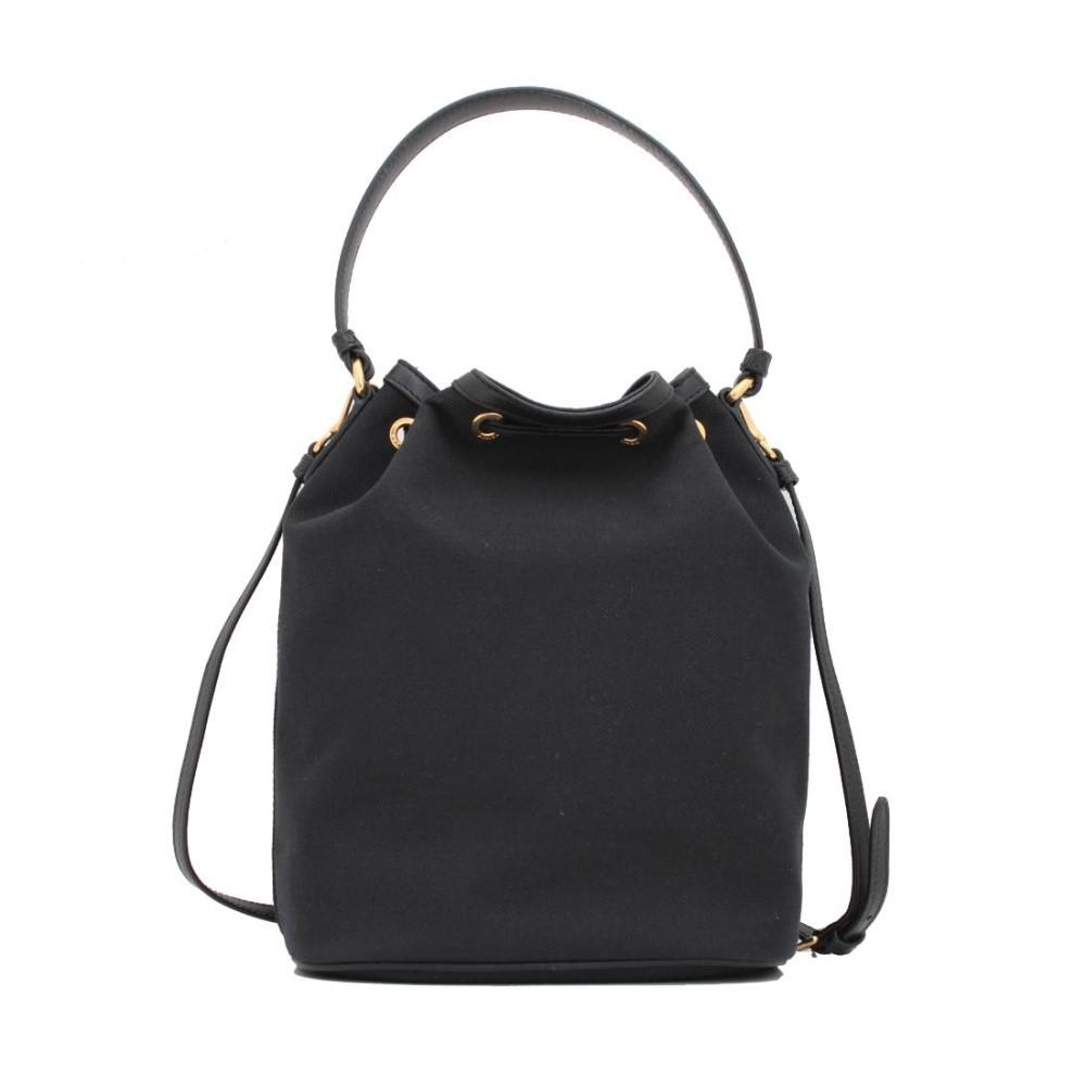 Prada Black Canvas Jacquard Logo Convertible Medium Bucket Bag 1BH097