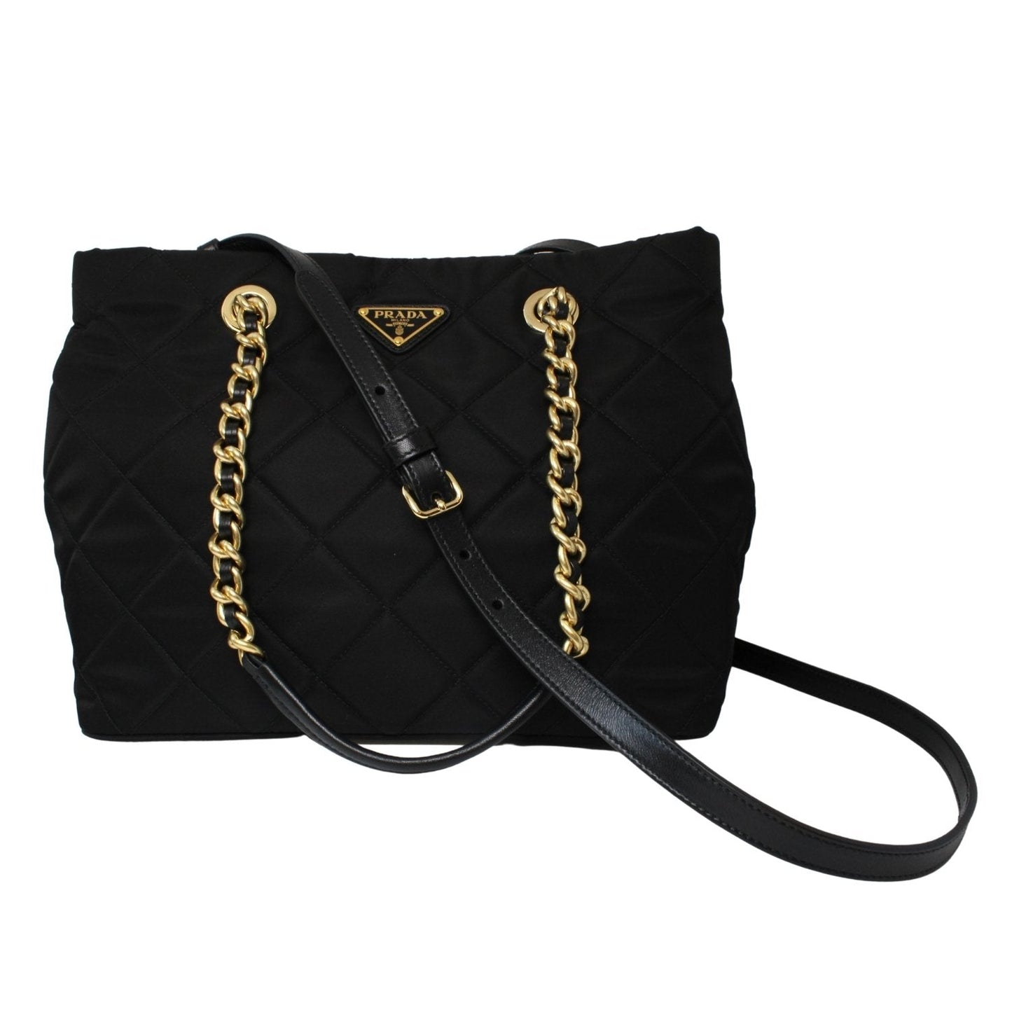 Prada Black Tessuto Nylon Gold Chain Quilted Convertible Tote Bag 1BG740