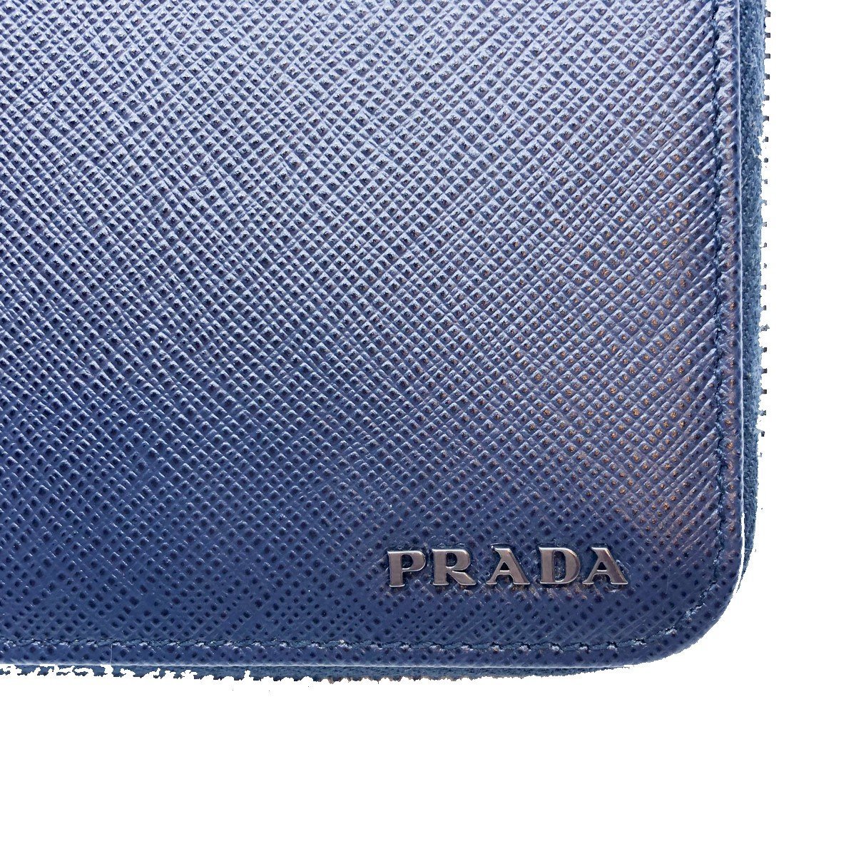 Prada Blue Black Saffiano Leather Large Emblem Zip Around Clutch Wallet