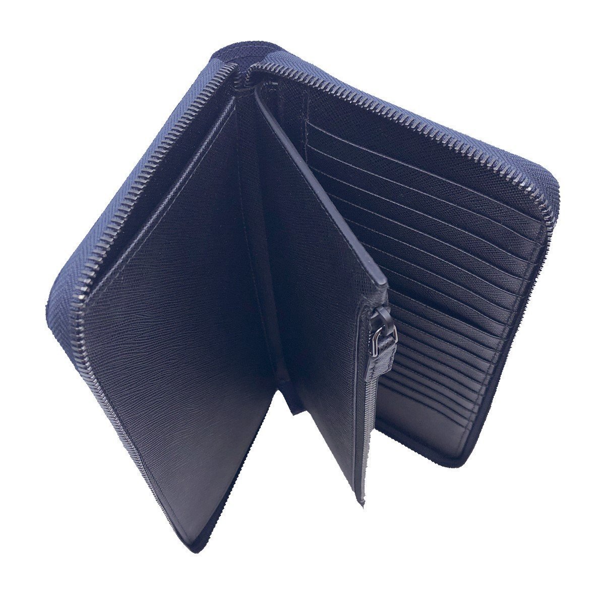 Prada Blue Black Saffiano Leather Large Emblem Zip Around Clutch Wallet
