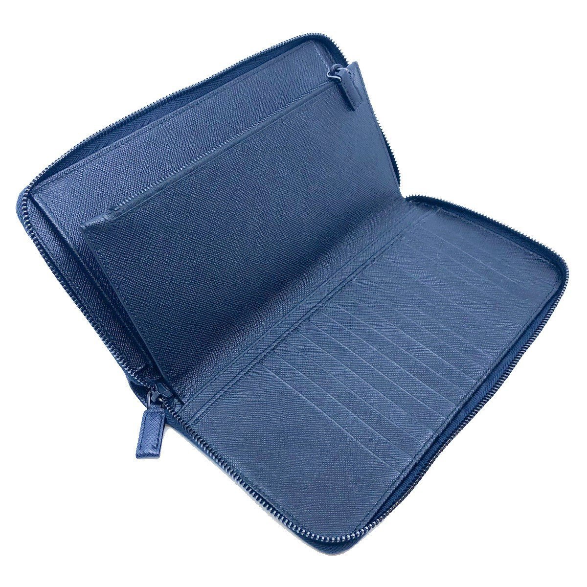 Prada Blue Black Saffiano Leather Large Emblem Zip Around Clutch Wallet