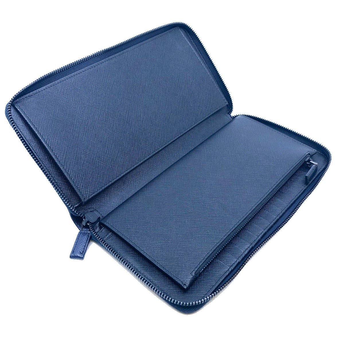 Prada Blue Black Saffiano Leather Large Emblem Zip Around Clutch Wallet