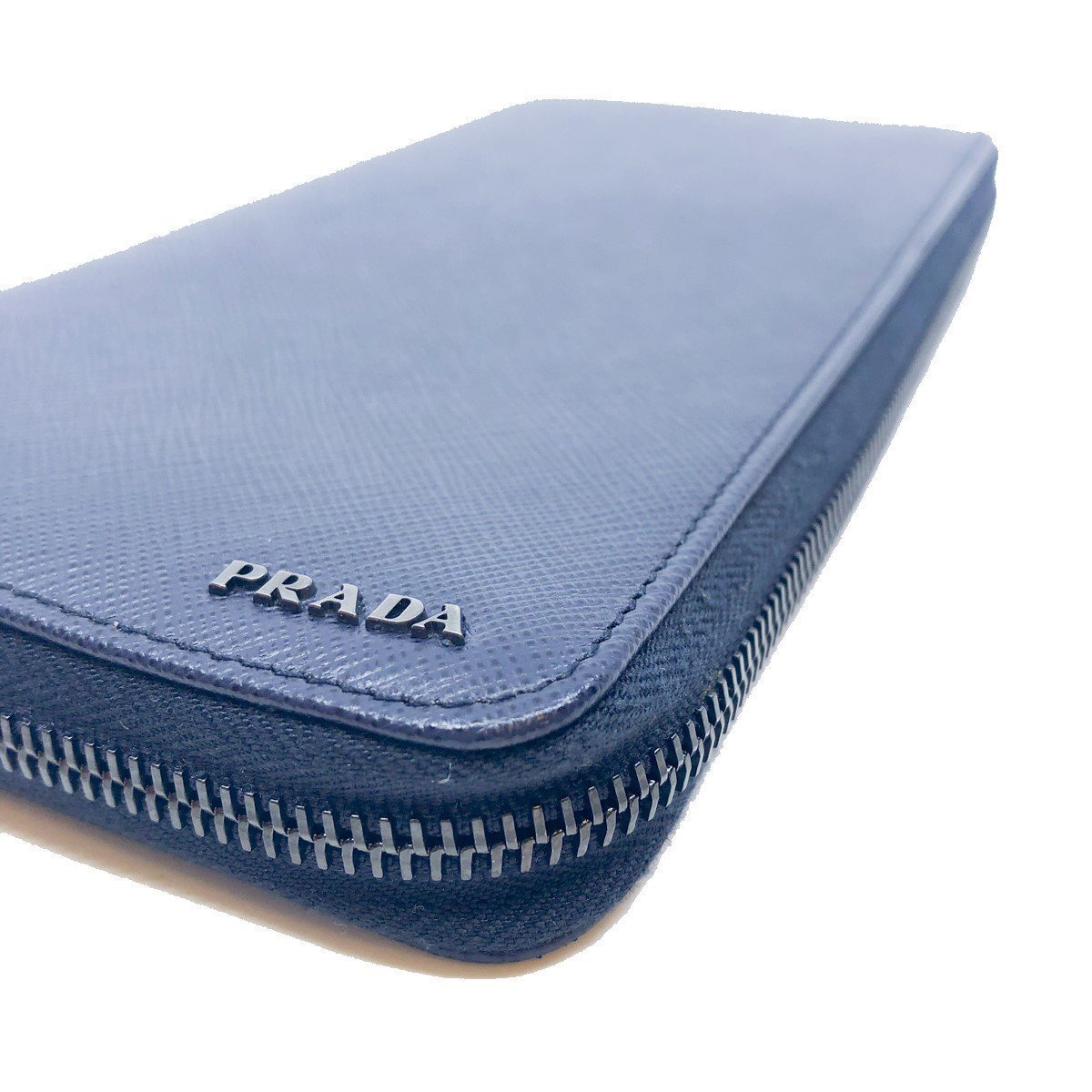 Prada Blue Black Saffiano Leather Large Emblem Zip Around Clutch Wallet