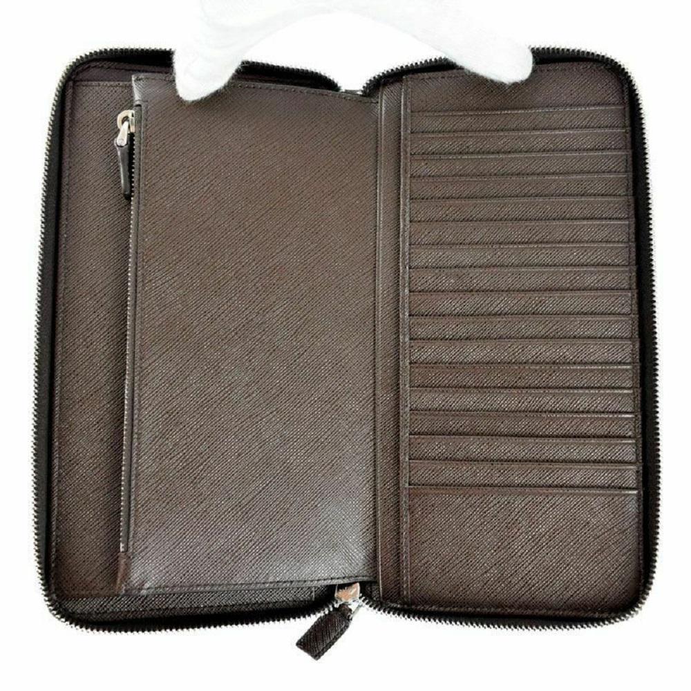 Prada Brown Caffe Saffiano Leather Zip Around Continental Clutch Wallet 2ML220