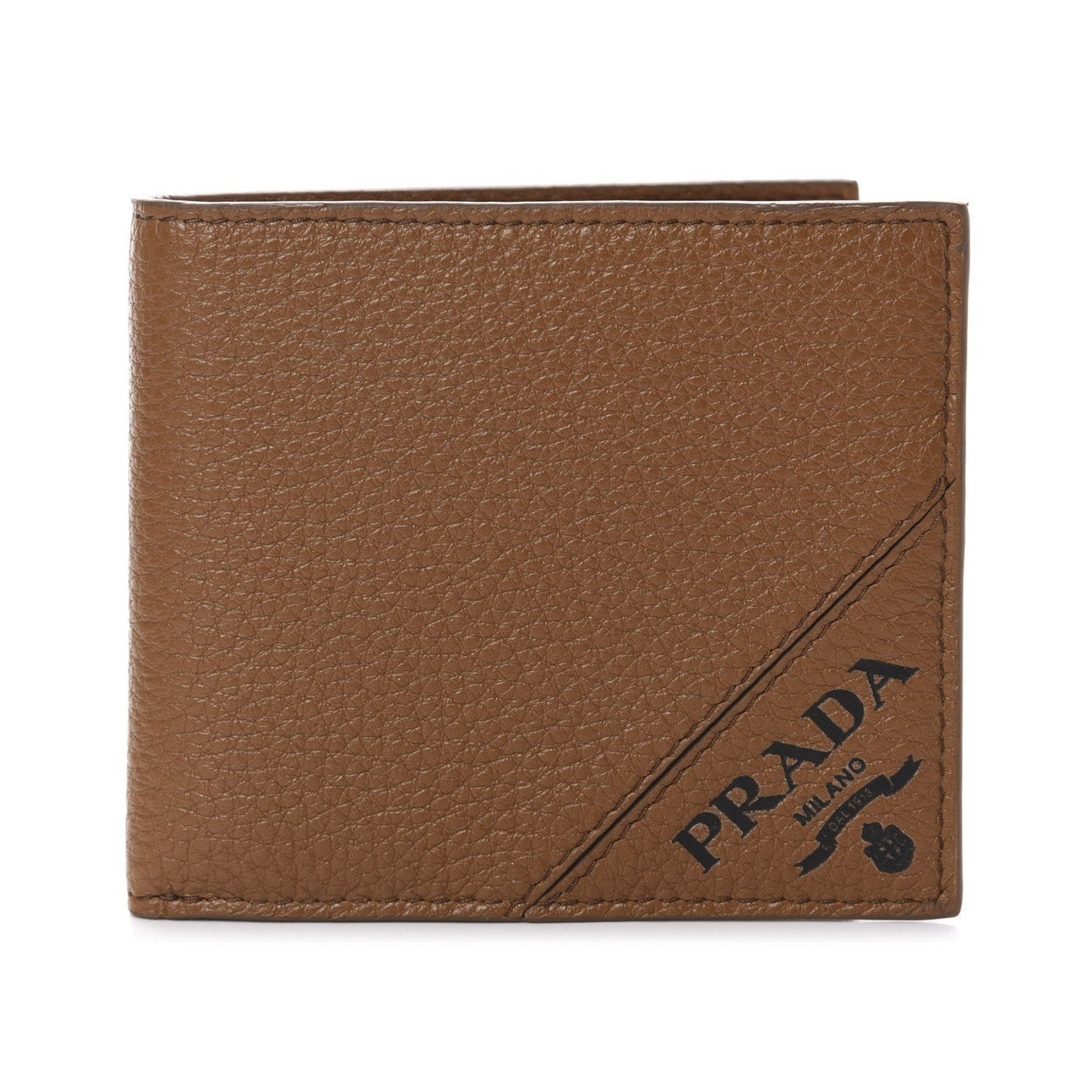 Prada Mens Debossed Logo Cannella Brown Vitello Grain Bifold Wallet 2MO003