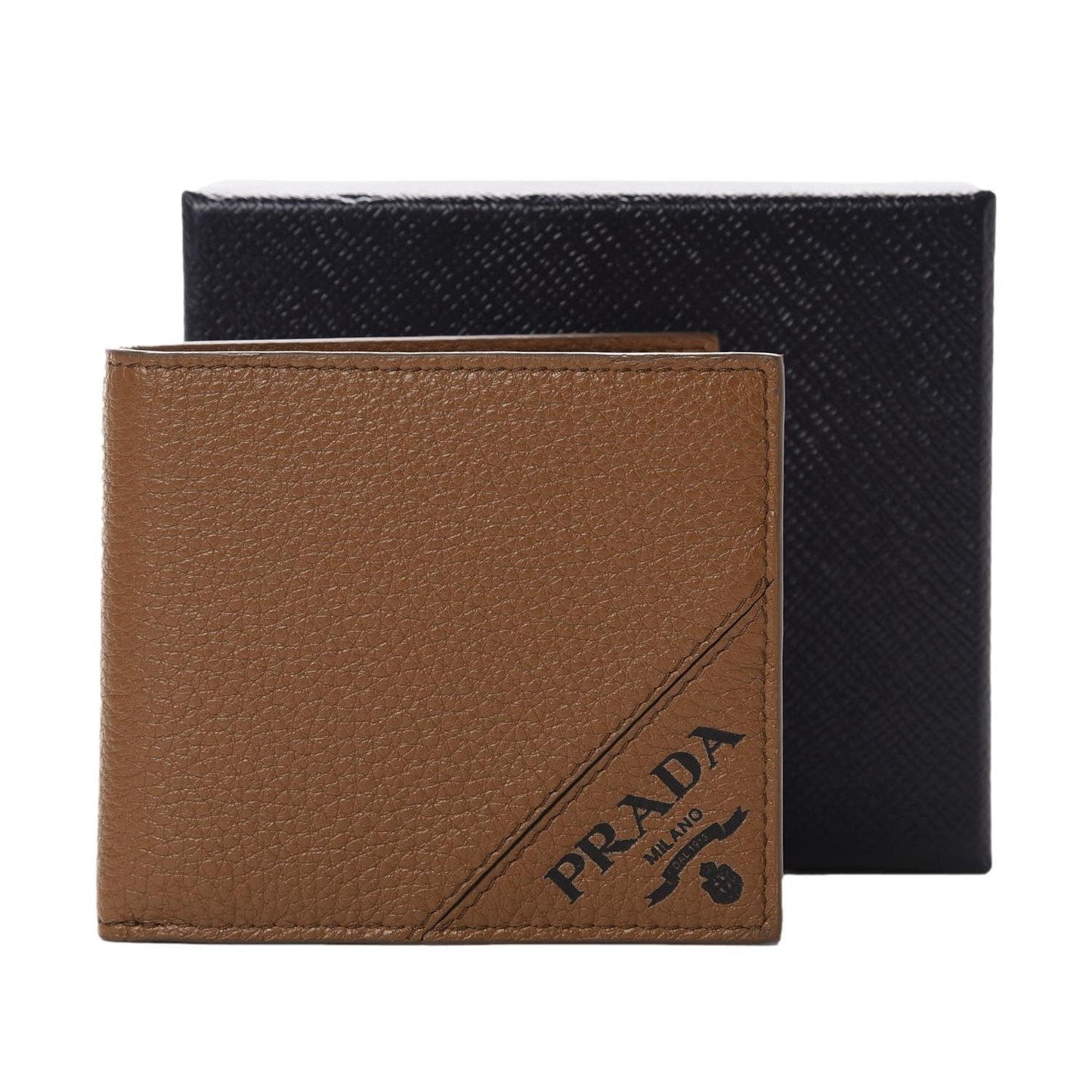 Prada Mens Debossed Logo Cannella Brown Vitello Grain Bifold Wallet 2MO003