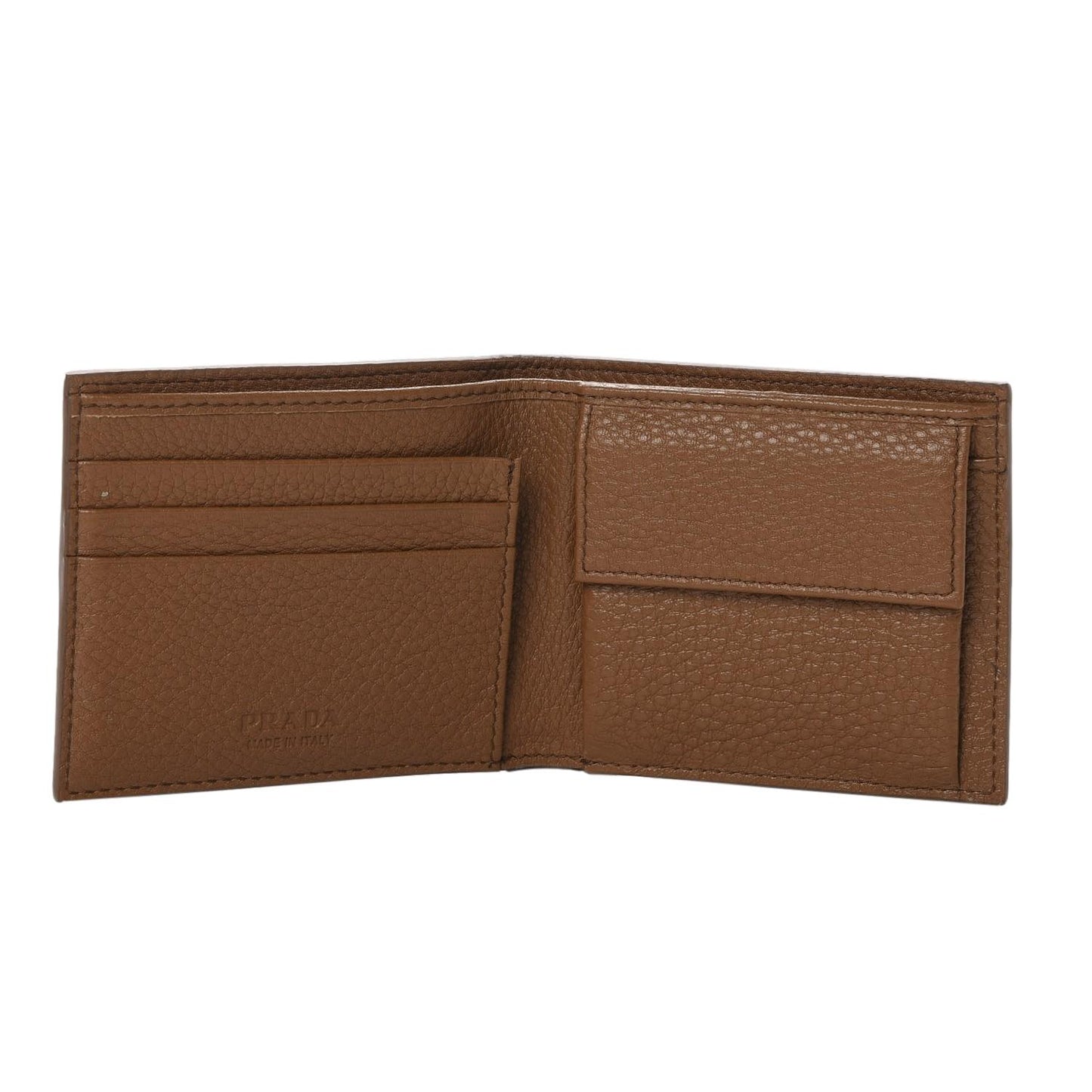 Prada Mens Debossed Logo Cannella Brown Vitello Grain Bifold Wallet 2MO003