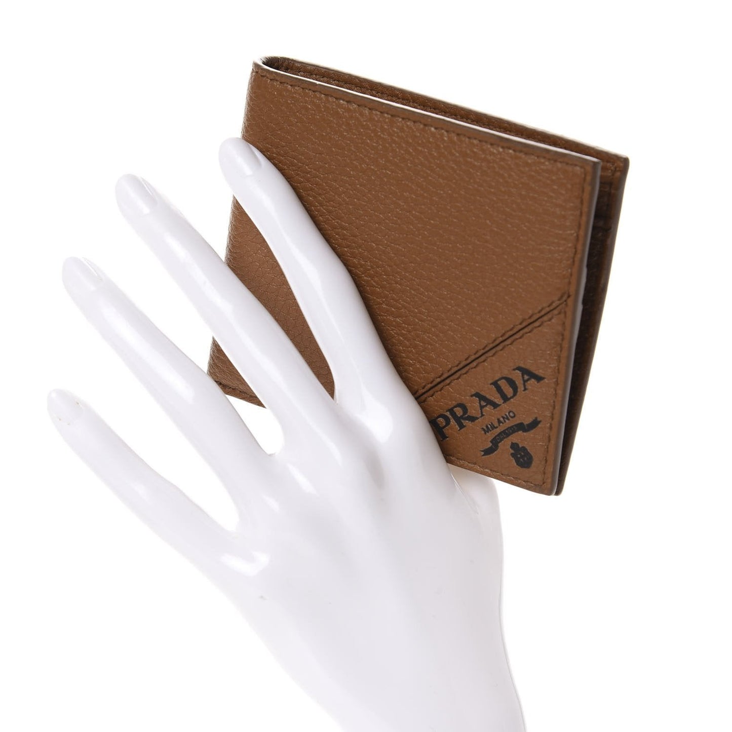 Prada Mens Debossed Logo Cannella Brown Vitello Grain Bifold Wallet 2MO003