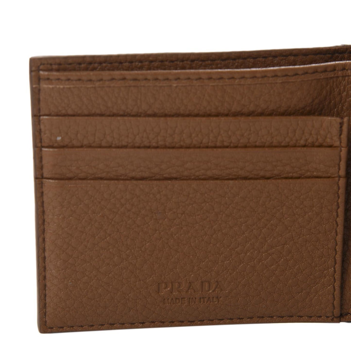 Prada Mens Debossed Logo Cannella Brown Vitello Grain Bifold Wallet 2MO003