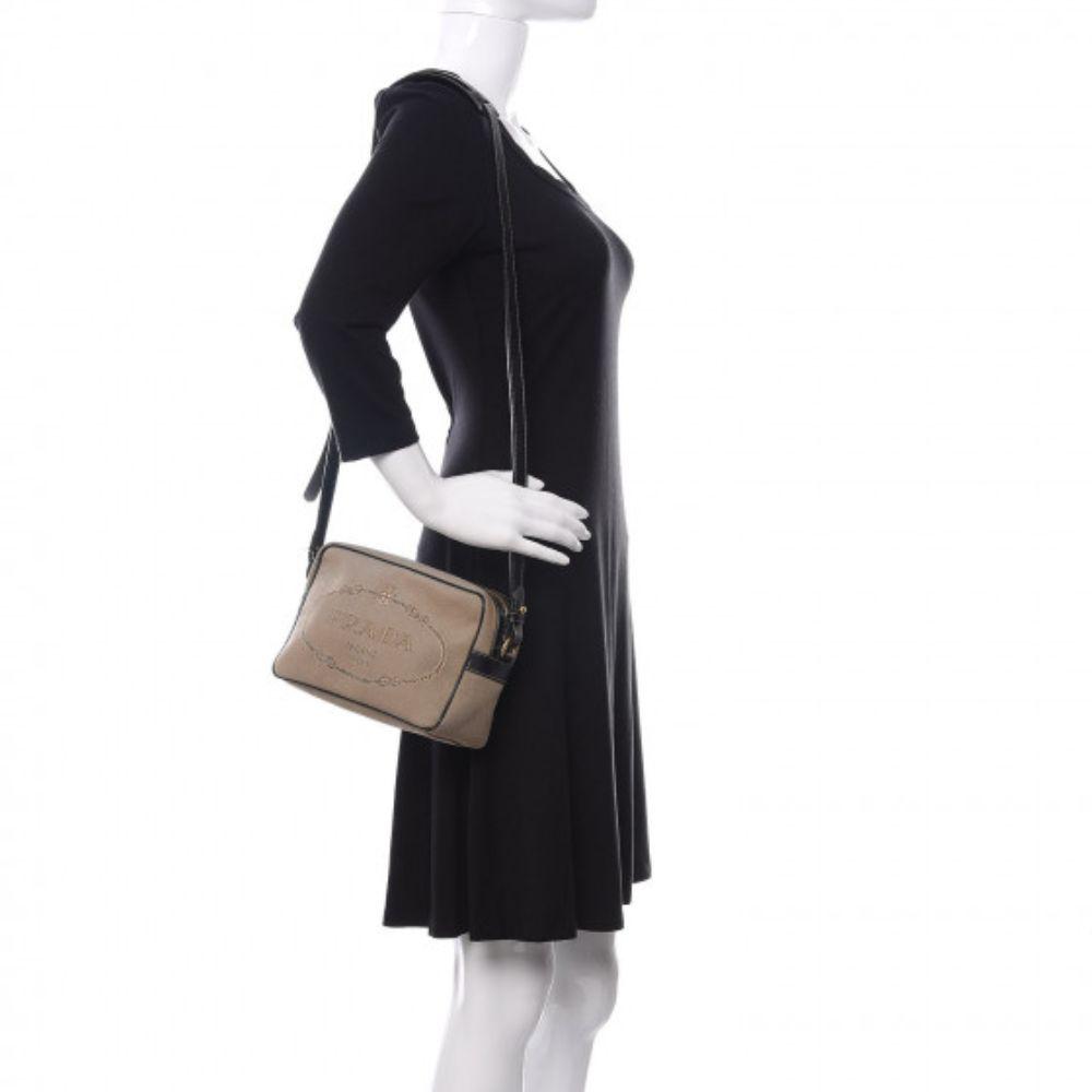 Prada Jacquard Logo Brown Canvas Leather Trim Camera Crossbody 1BH089