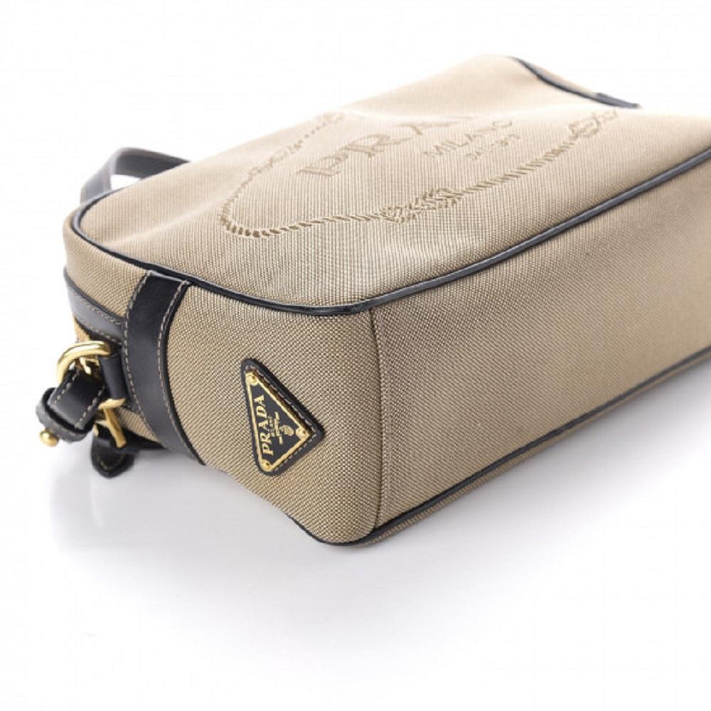 Prada Jacquard Logo Brown Canvas Leather Trim Camera Crossbody 1BH089