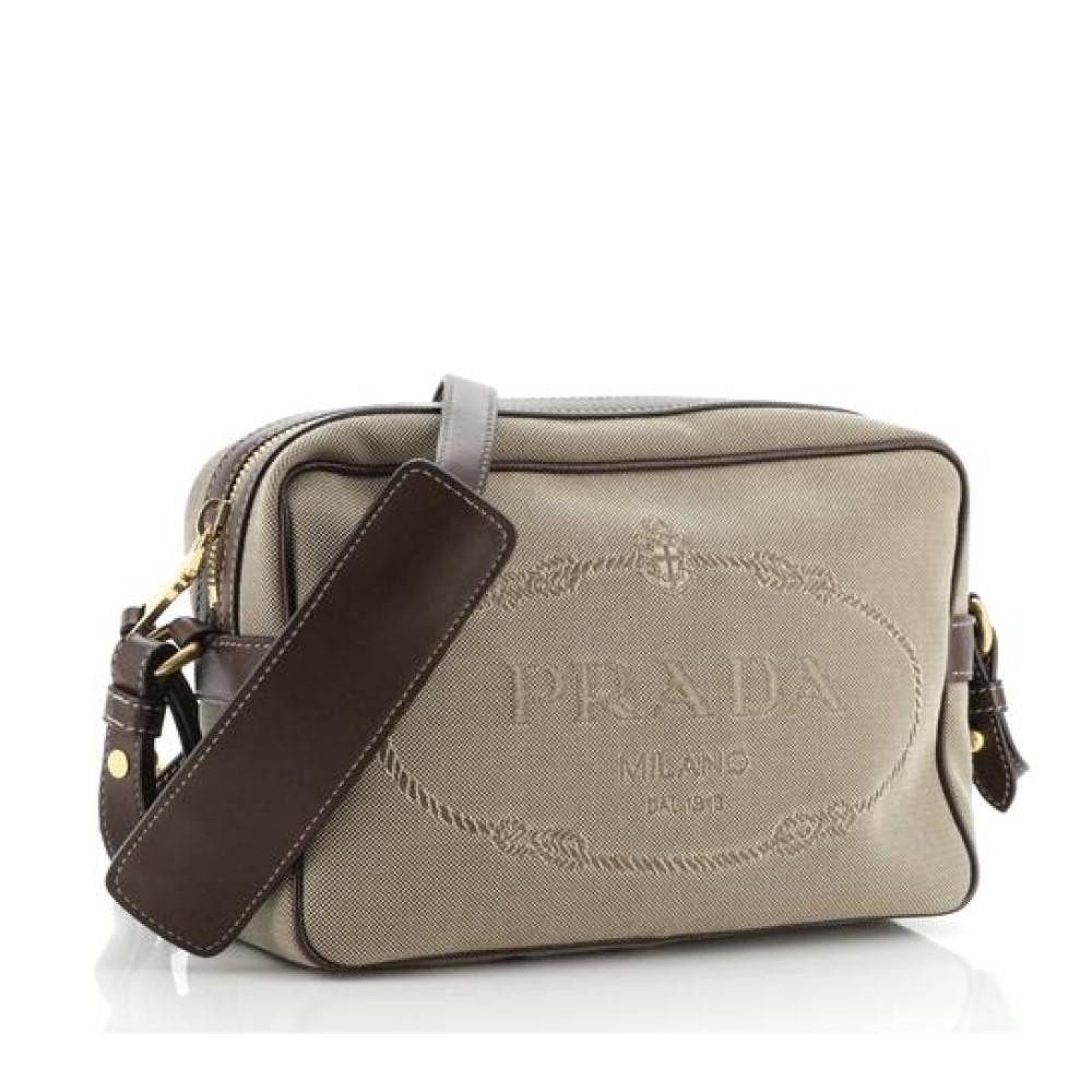 Prada Jacquard Logo Brown Canvas Leather Trim Camera Crossbody 1BH089