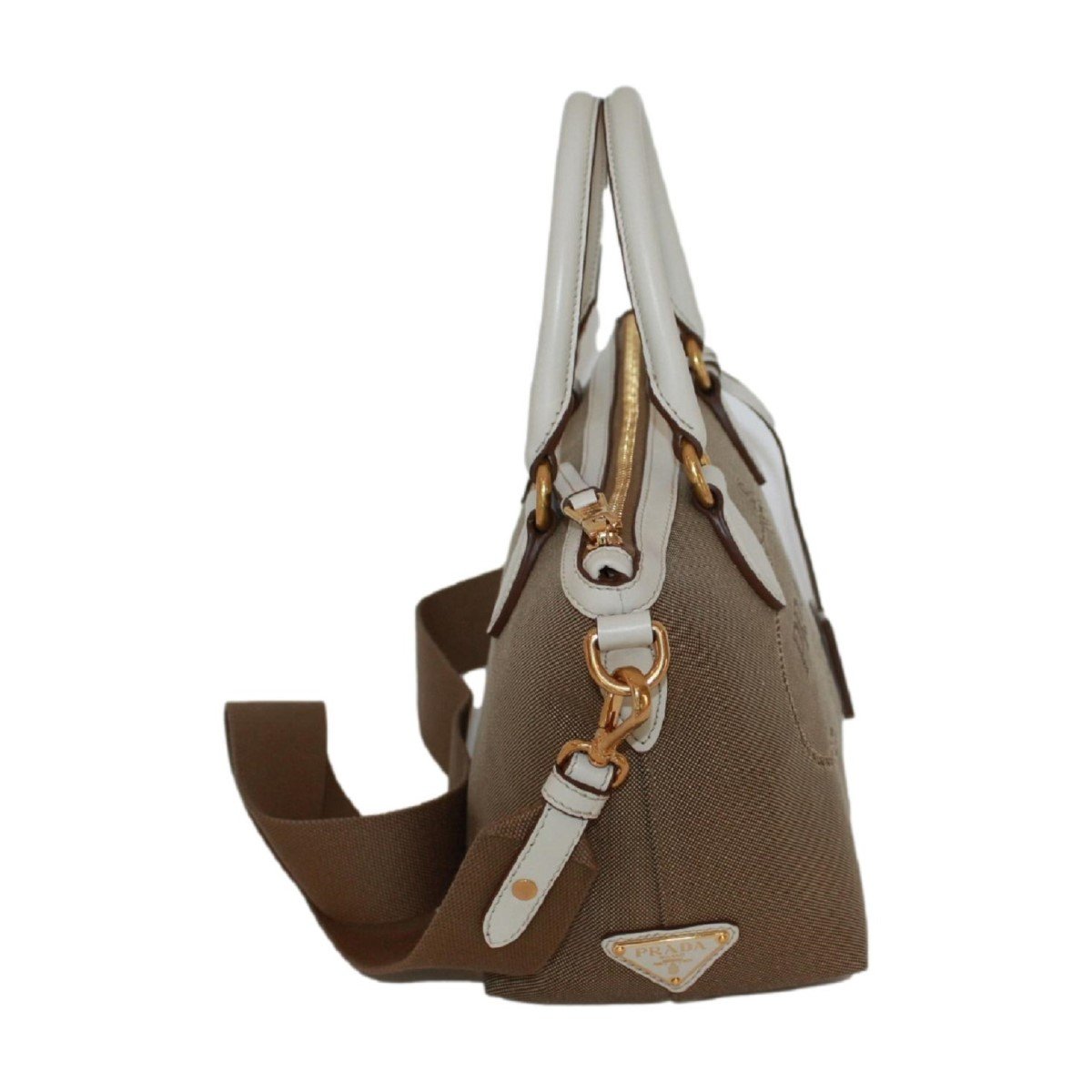 Prada Canvas Jacquard Logo White Leather Trim Small Satchel 1BA111