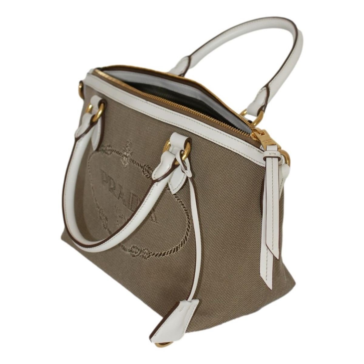 Prada Canvas Jacquard Logo White Leather Trim Small Satchel 1BA111