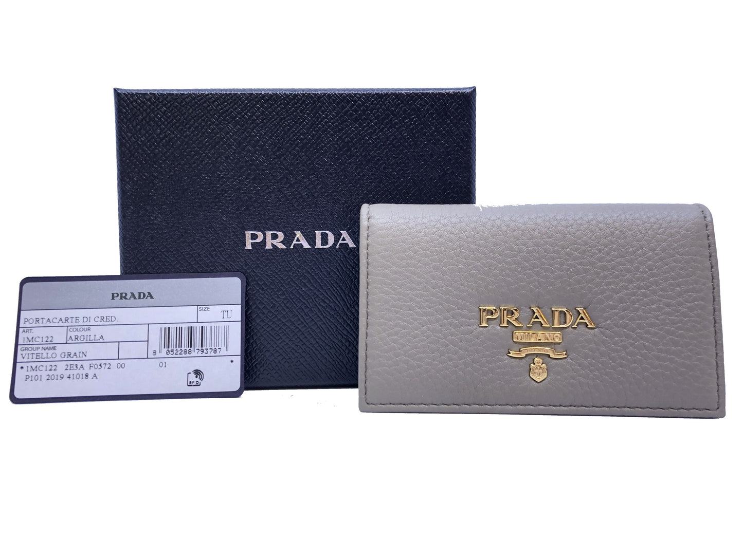 Prada Gray Vitello Grain Pebbled Leather Credit Card Case Wallet 1MC122
