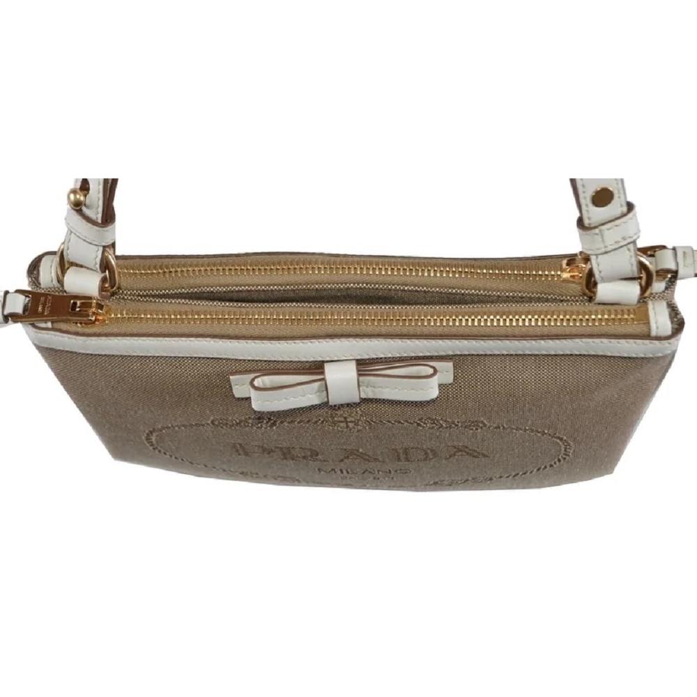 Prada Jacquard Canvas Brown Crossbody White Leather Trim Prada Logo 1BH150