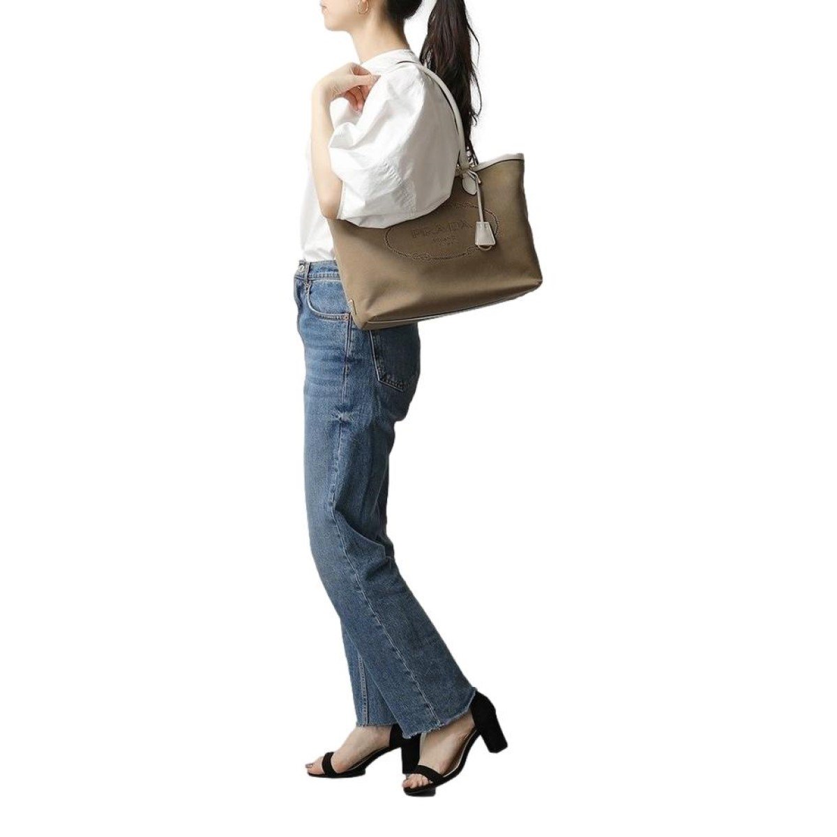 Prada Jacquard Logo White Calf Leather Trim Shoulder Tote Bag 1BG158