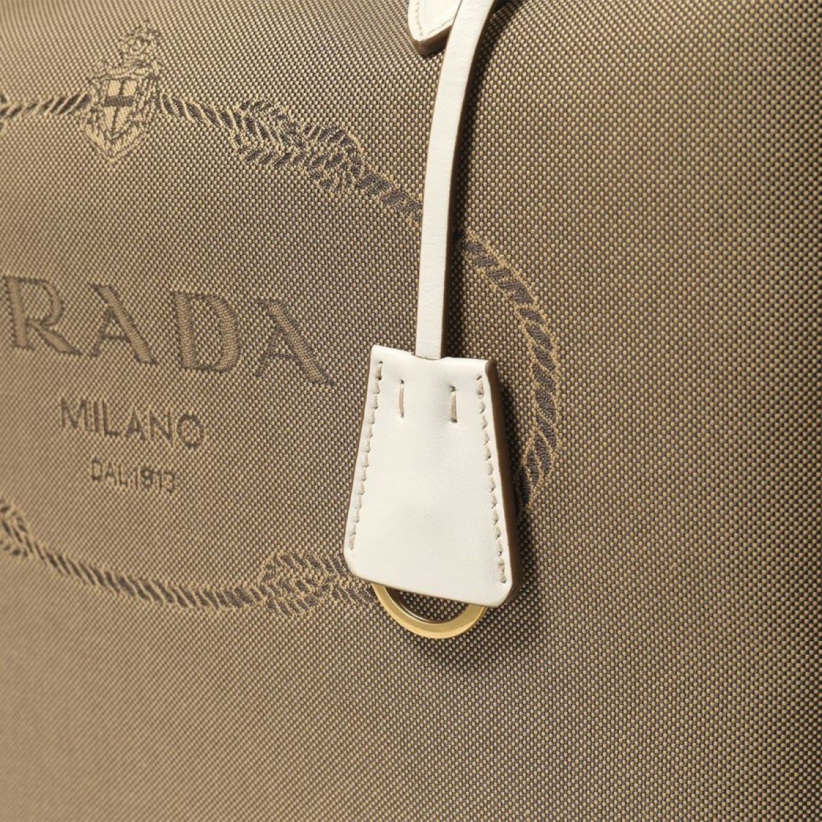 Prada Jacquard Logo White Calf Leather Trim Shoulder Tote Bag 1BG158