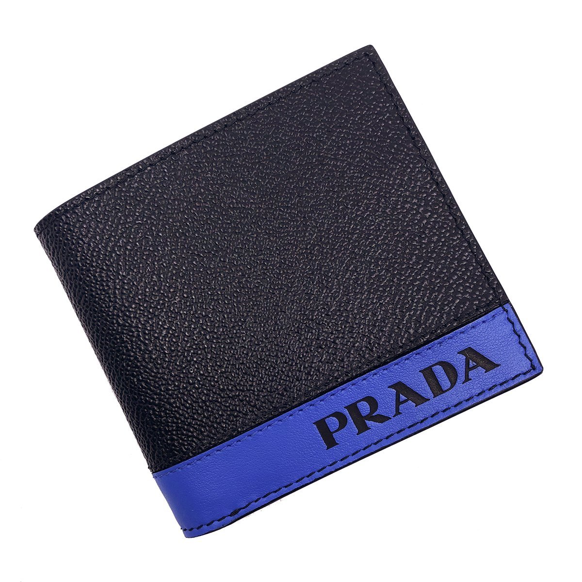 Prada Men's Leather Grain Bi Color Black Blue Stripe Logo Bifold Wallet 2M0912