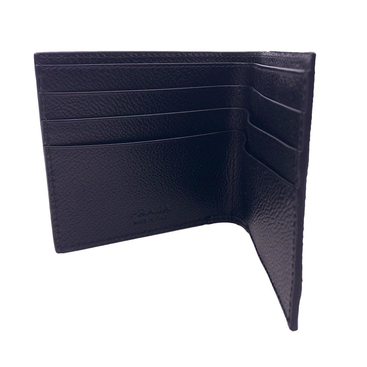 Prada Men's Leather Grain Bi Color Black Blue Stripe Logo Bifold Wallet 2M0912