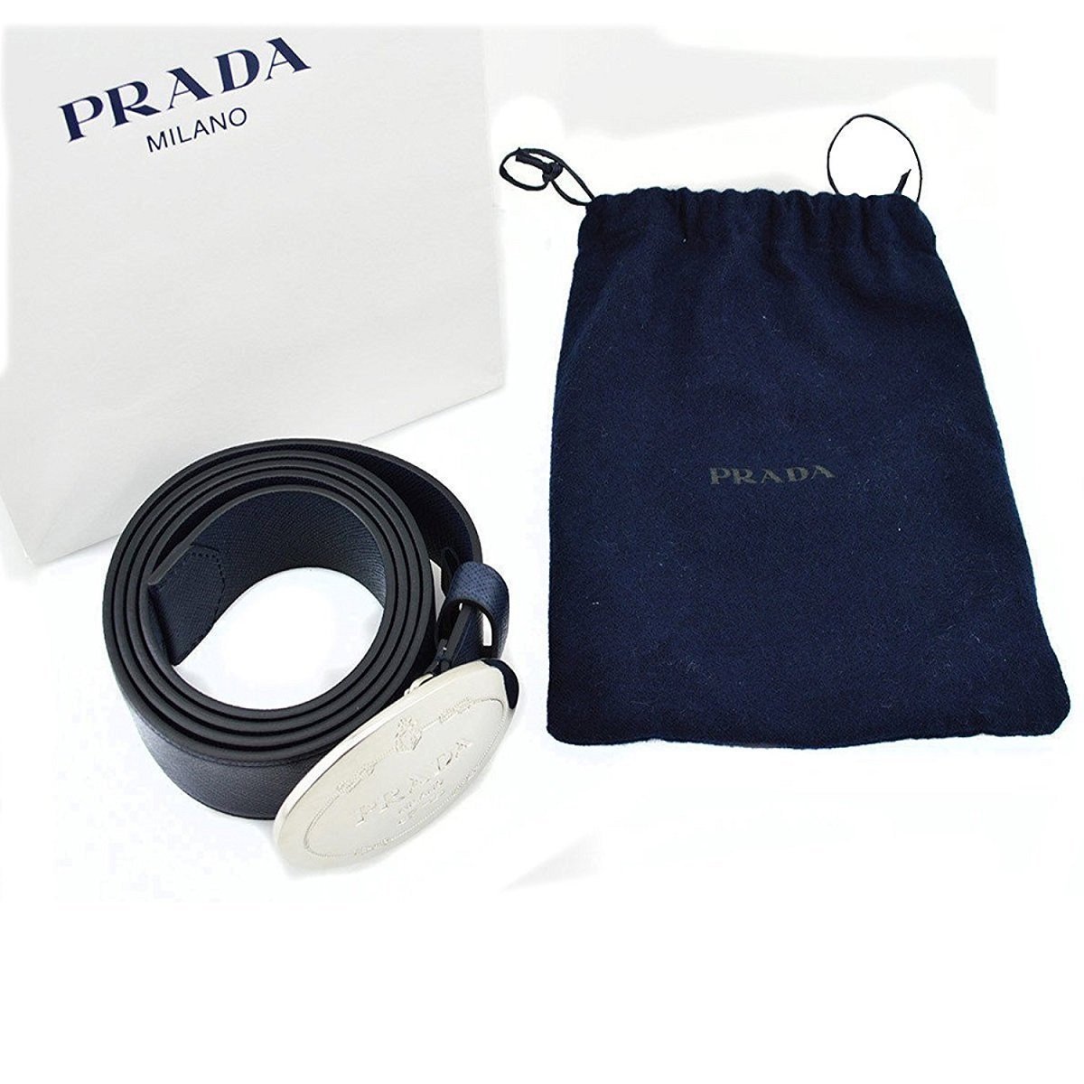 Prada Grey Saffiano Leather Engraved Oval Plaque Buckle Size: 105/42 Belt