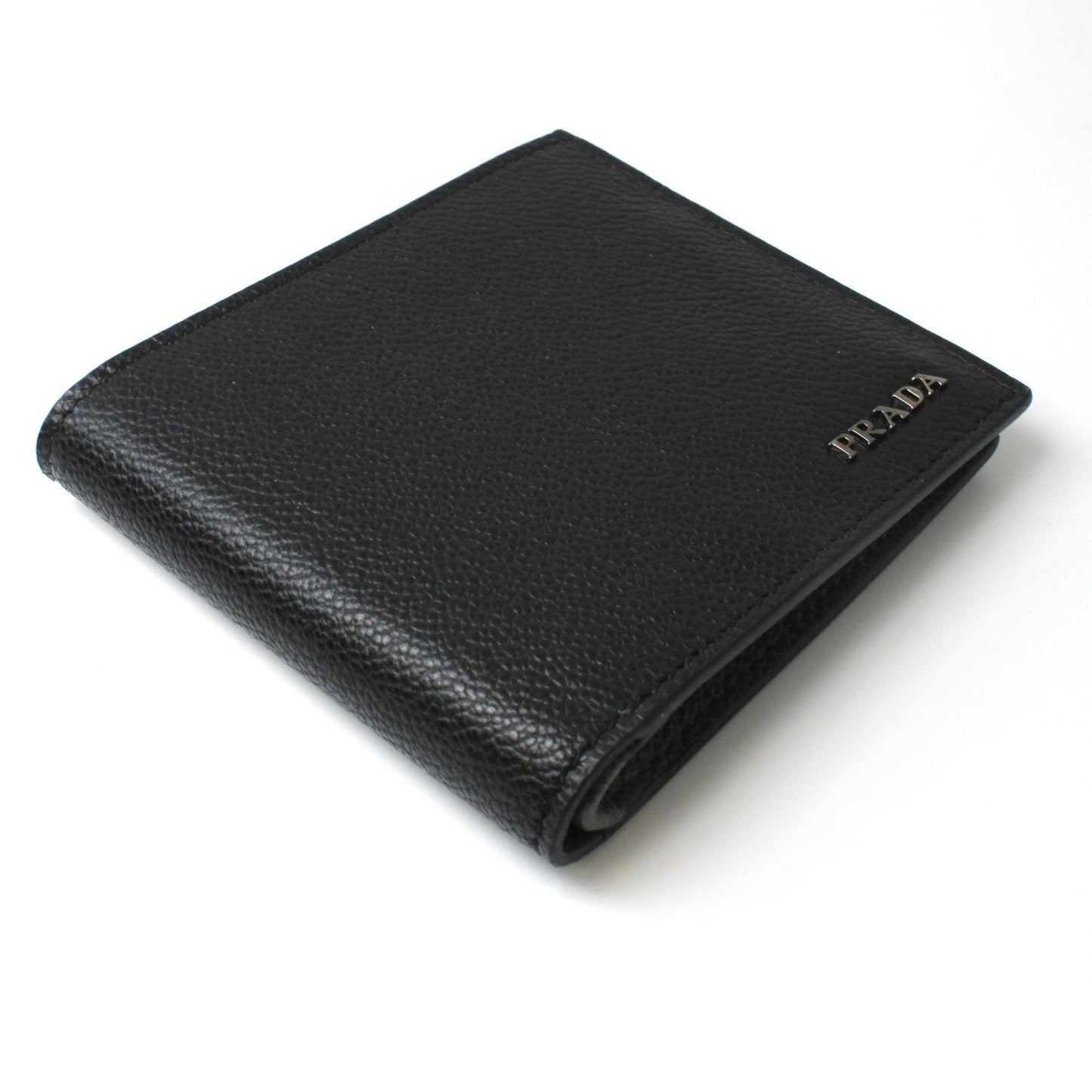 Prada Mens Black Grey Vitello Micro Grain Leather Logo Bifold 2MO912