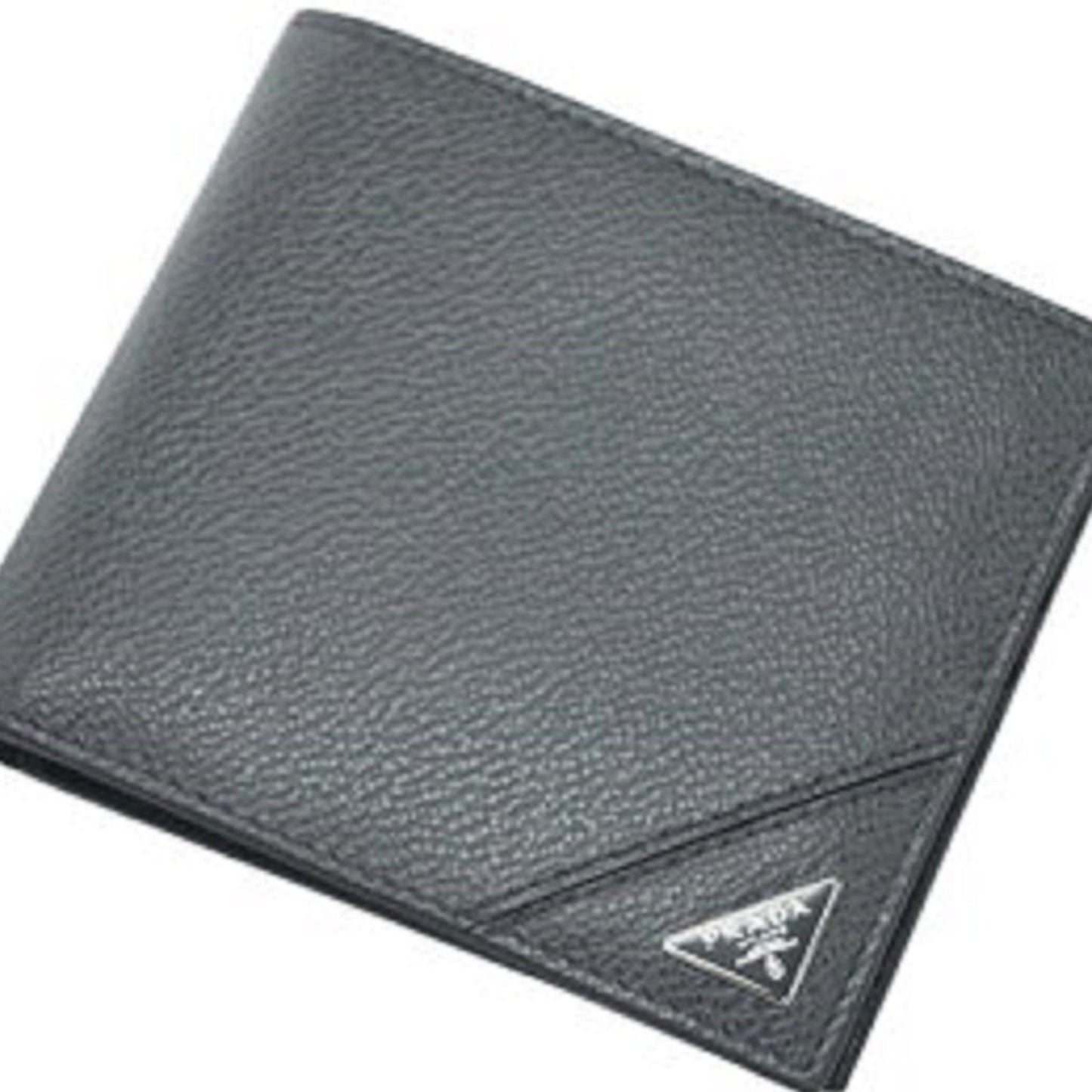 Prada Mens Bifold Vitello Micro Grain Gray Leather Triangle Logo Bifold Wallet