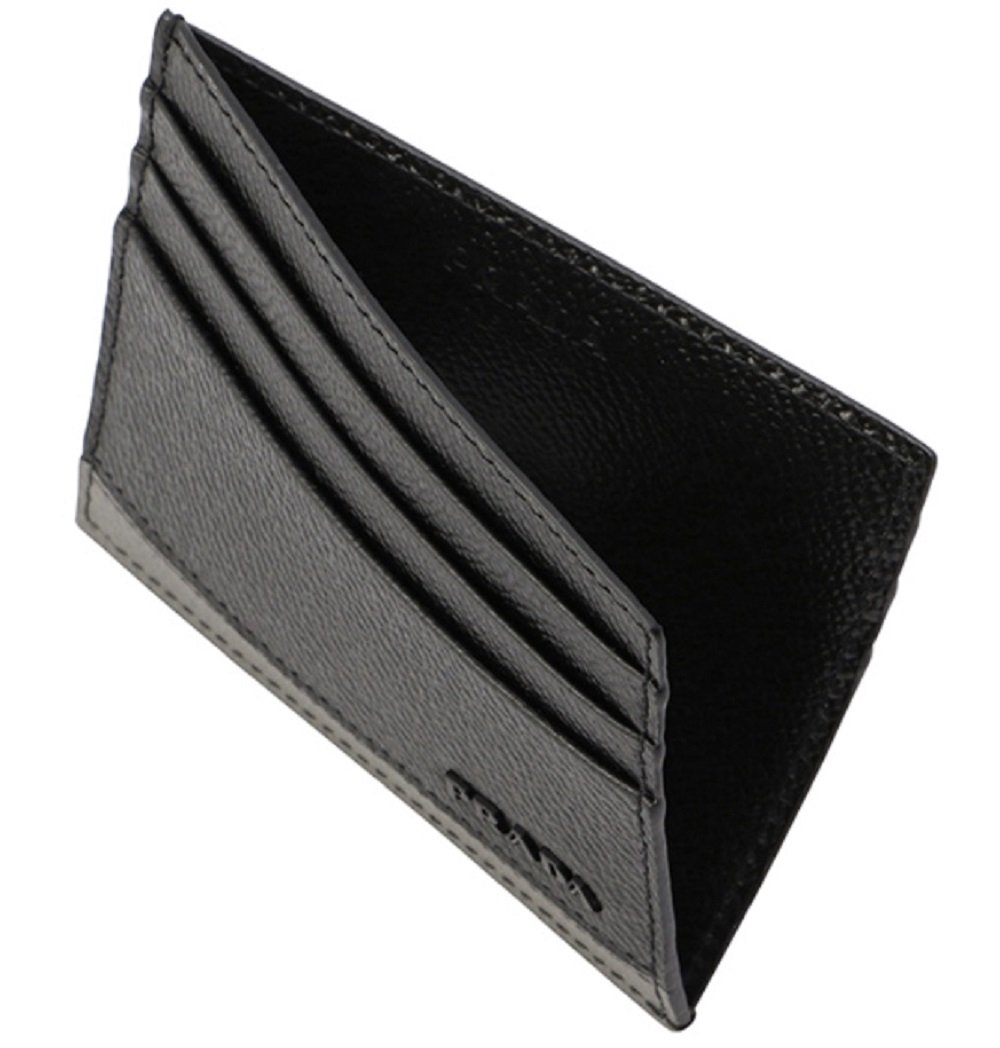 Prada Mens Leather Vitello Micro Grain Card Holder Black with Gray 2MC223