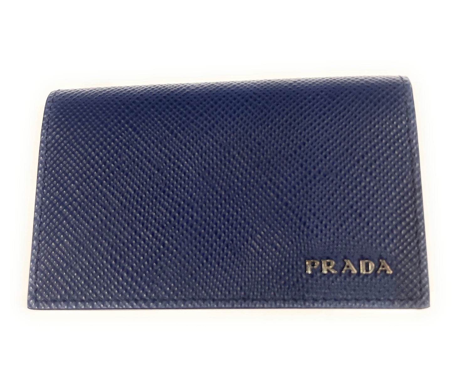 Prada Mens Logo Plaque Saffiano Flap Card Holder Wallet Baltico Blue