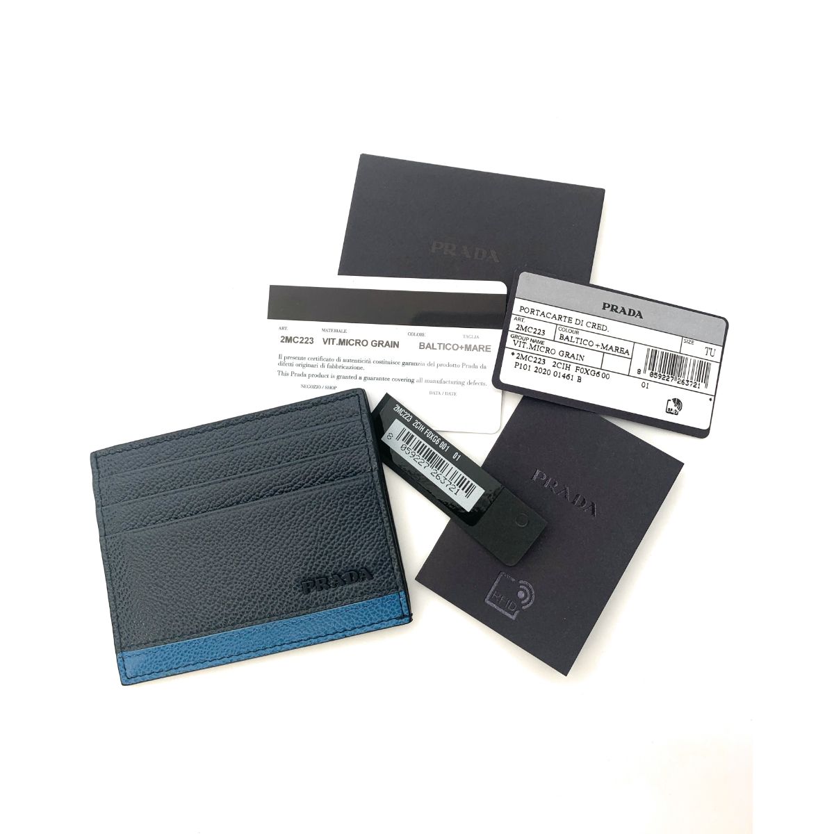 Prada Mens Vitello Micro Grain Bicolor Navy Card Holder 2MC223