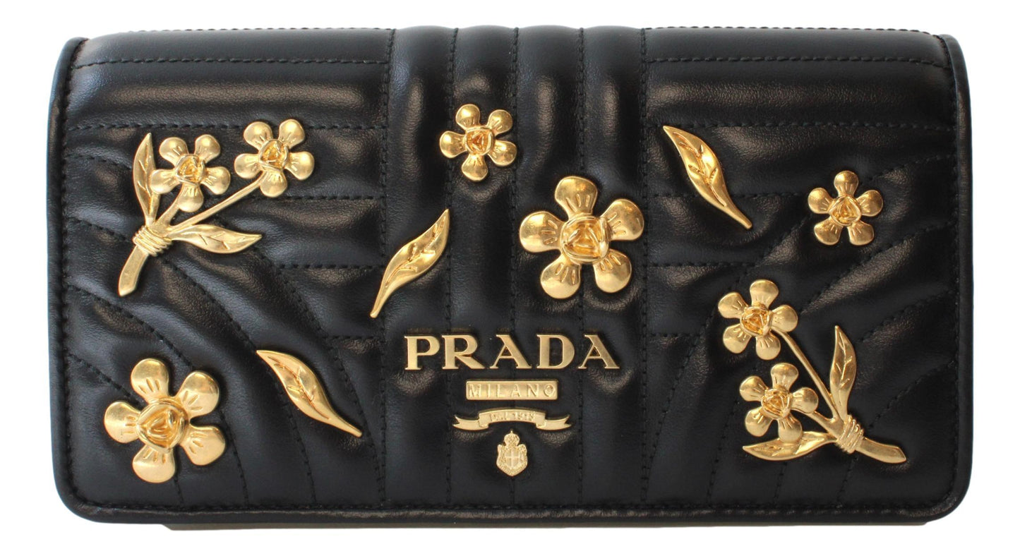Prada Mini Wallet on Chain Black Leather Gold Flowers Crossbody 1DH044