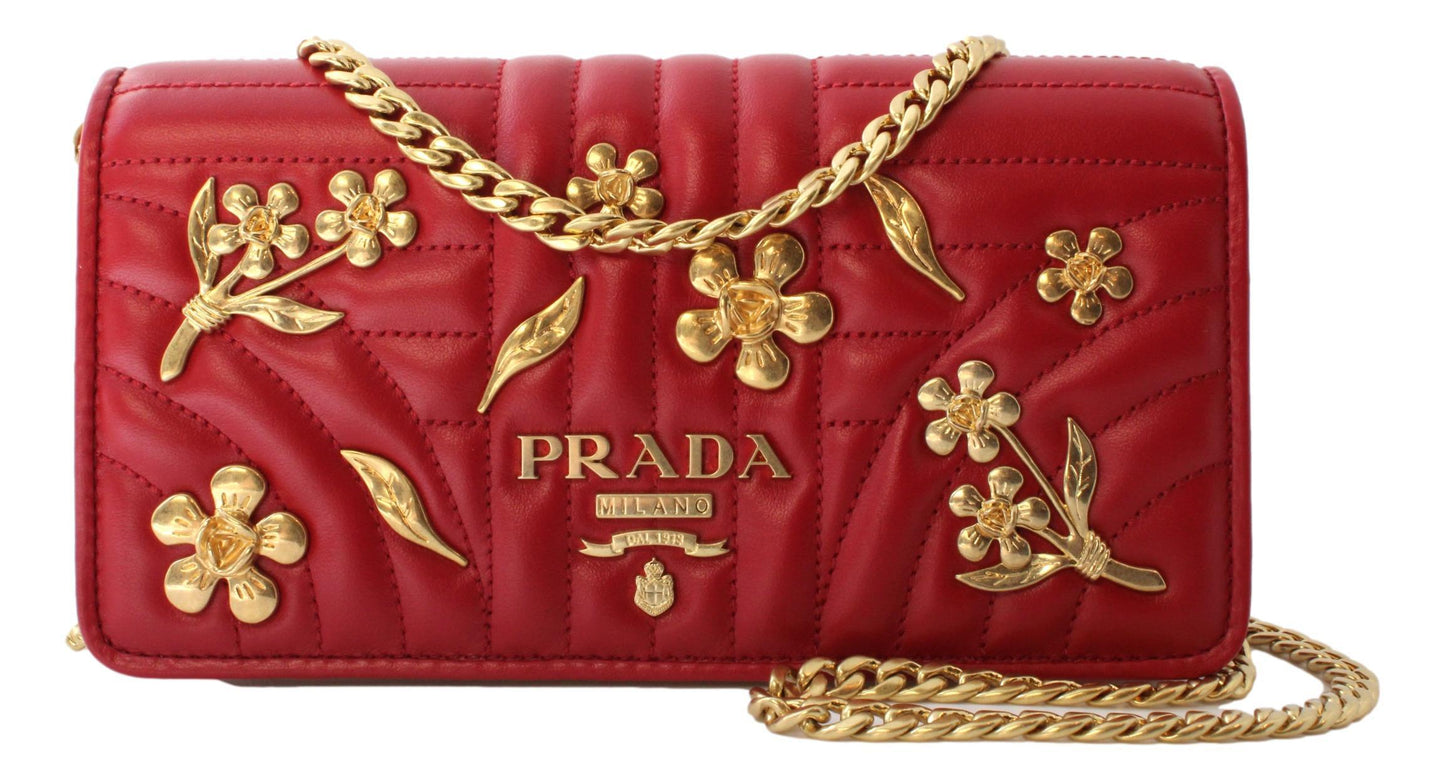Prada Mini Wallet on Chain Red Leather Gold Flowers Cross Body 1DH044