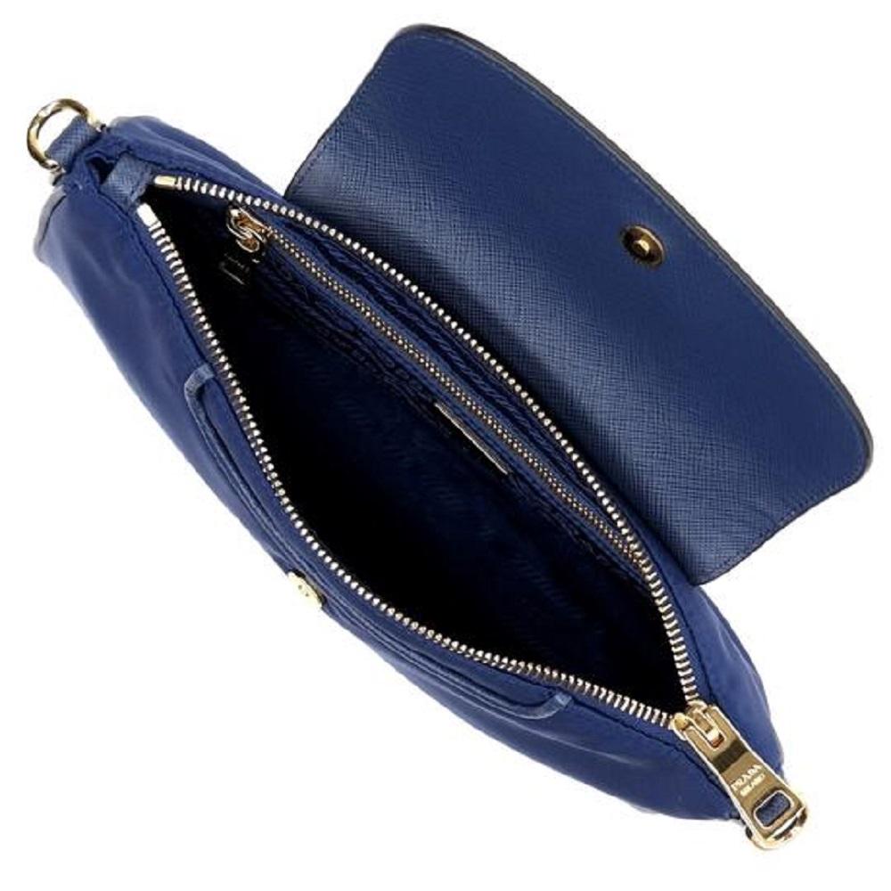 Prada Nylon Saffiano Leather Navy Blue Bandoliera Crossbody Handbag 1BH085