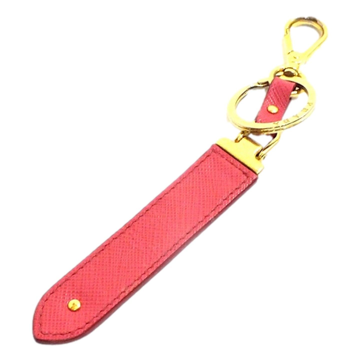 Prada Saffiano Leather Clip Keychain Peony Pink Gold Logo Lettering