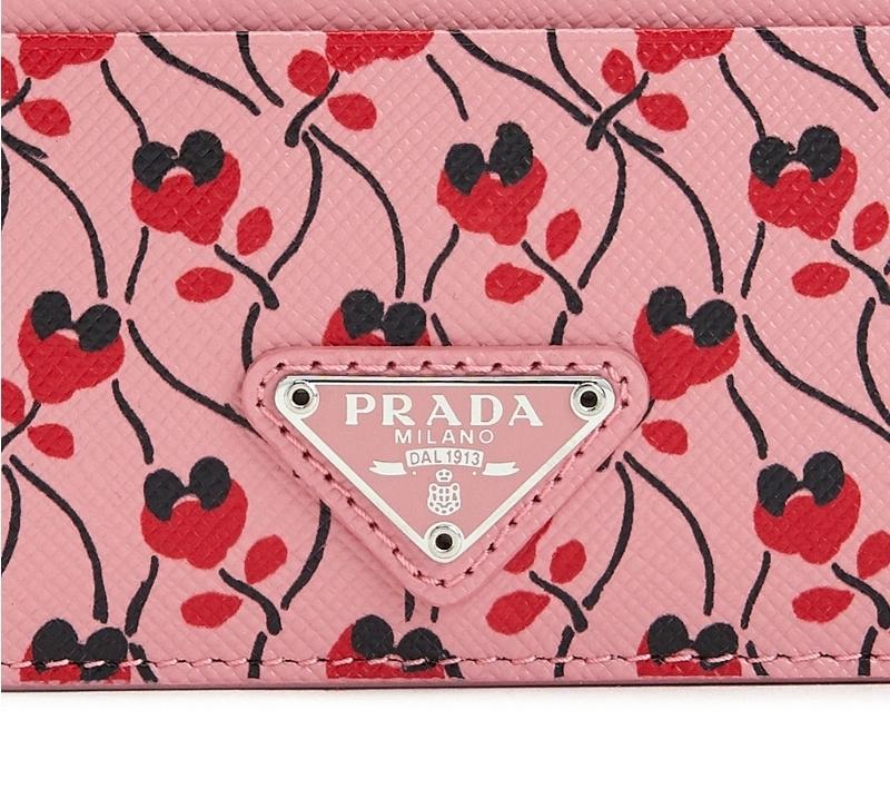 Prada Pink Red Saffiano Card Case Floral Triangle Logo 1MC025
