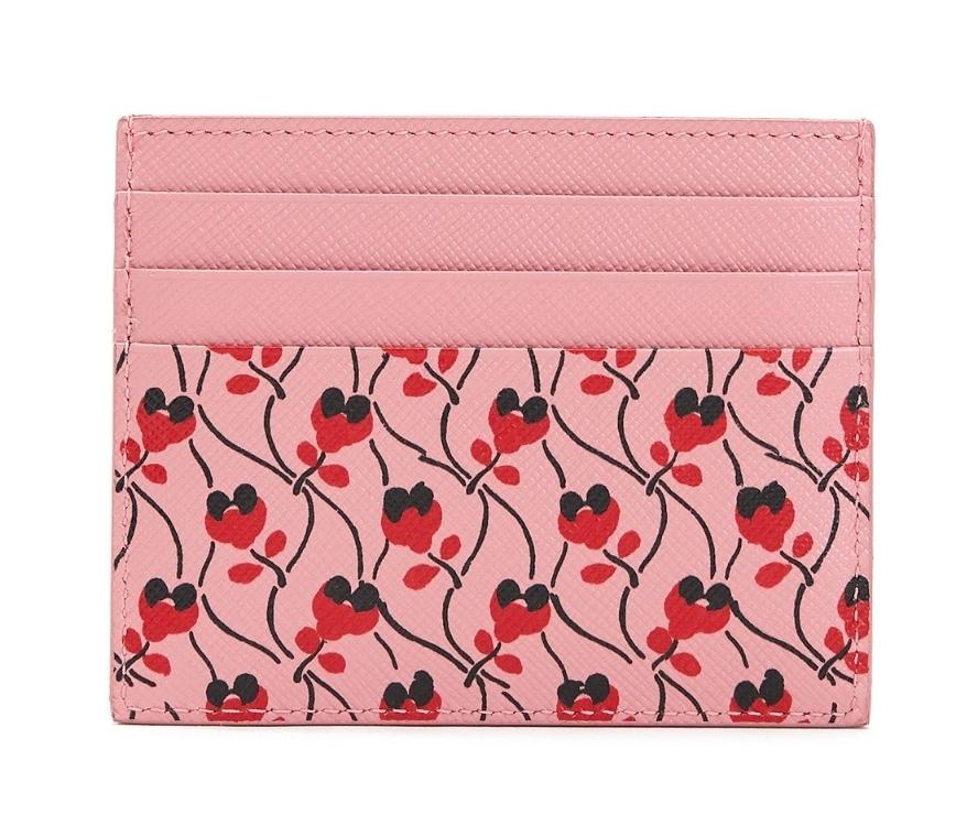 Prada Pink Red Saffiano Card Case Floral Triangle Logo 1MC025