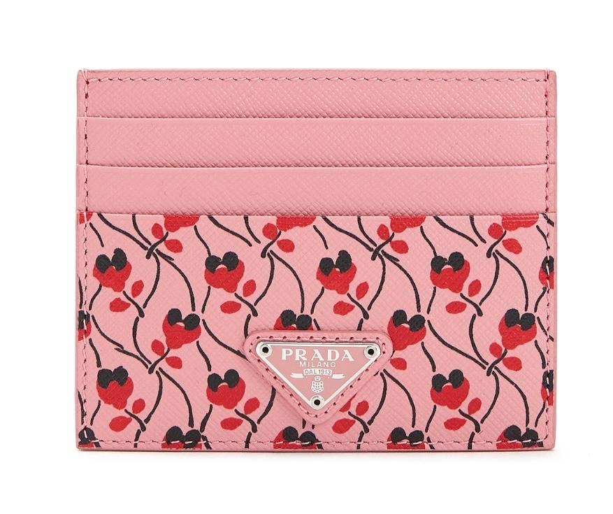 Prada Pink Red Saffiano Card Case Floral Triangle Logo 1MC025