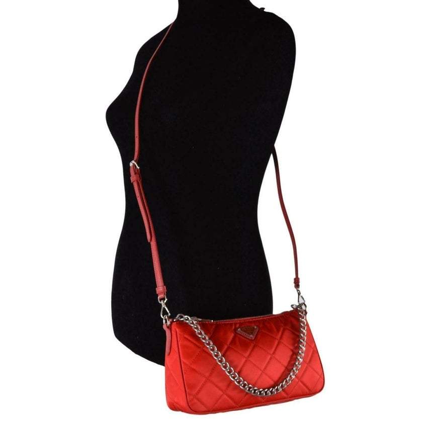 Prada Quilted Tessuto Nylon Rosso Red Chain Convertible Crossbody 1BH026