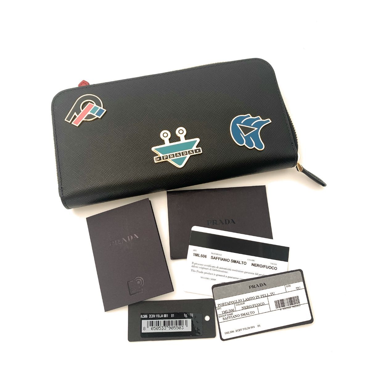 Prada Robot Saffiano Black Leather Zip Around Continental Wallet 1ML506