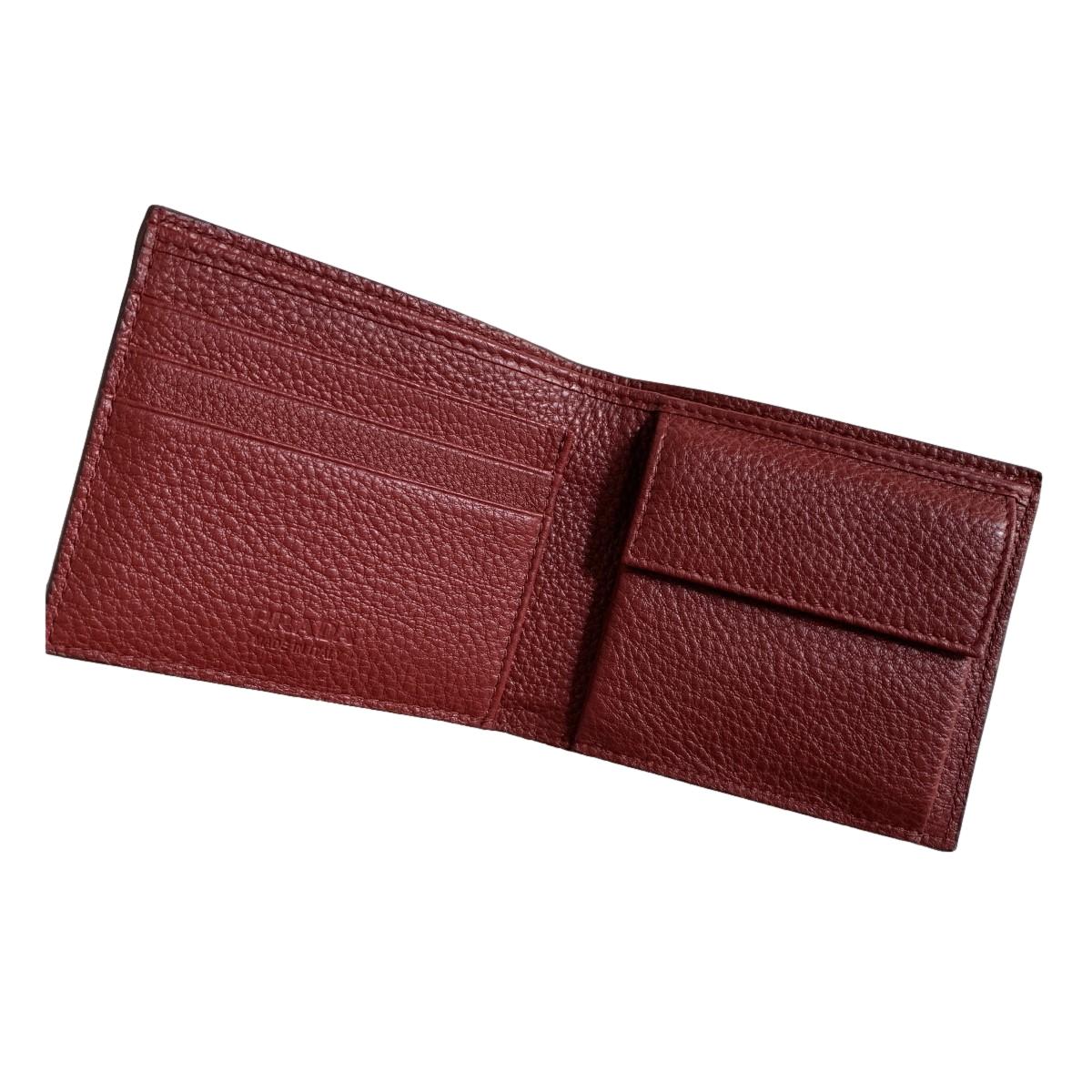 Prada Mens Debossed Logo Rubino Red Vitello Grain Bifold Wallet 2MO003