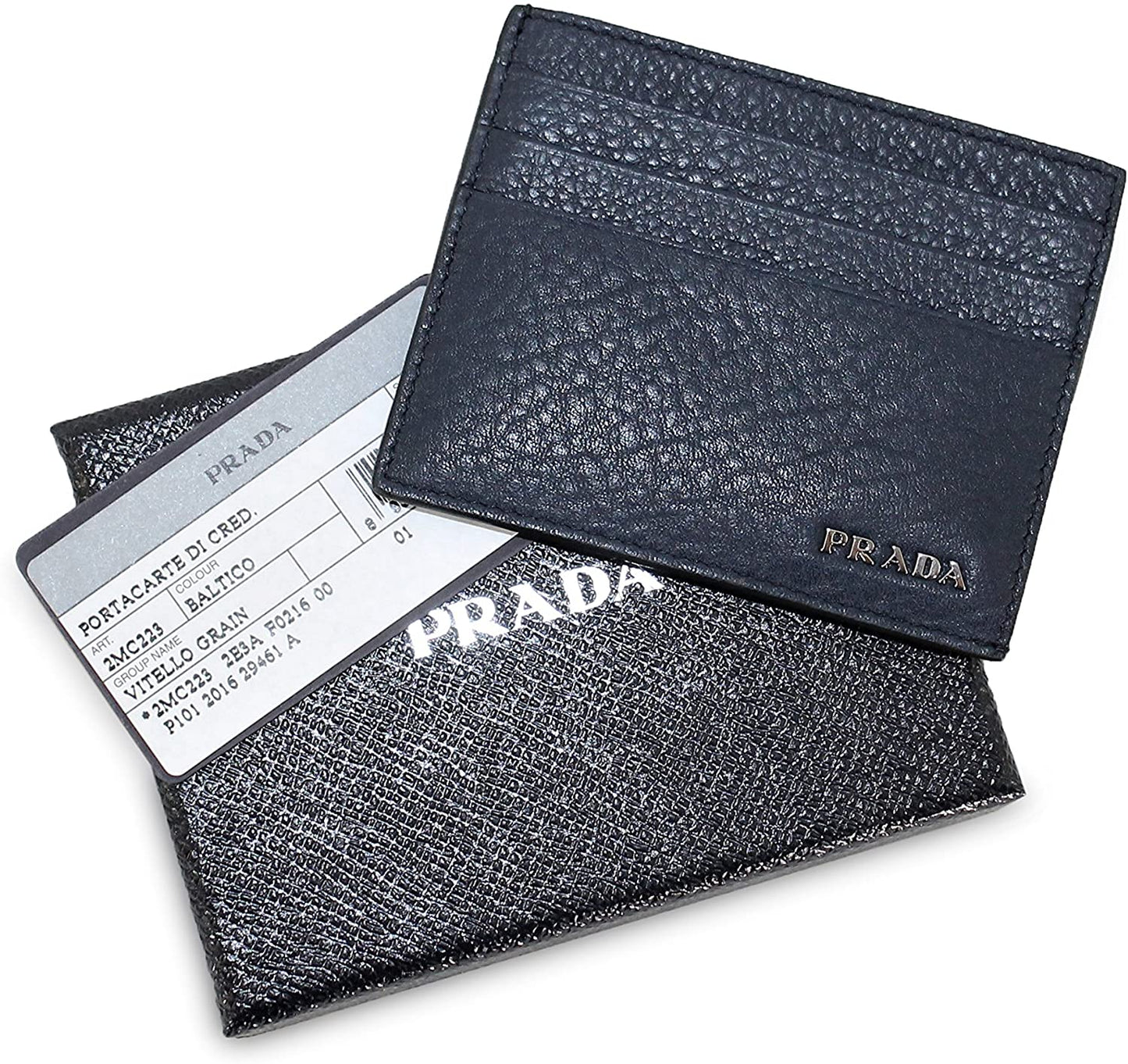 Prada Saffiano Bicolor Leather Card Holder Wallet Black and Blue Silver Logo 2MC223