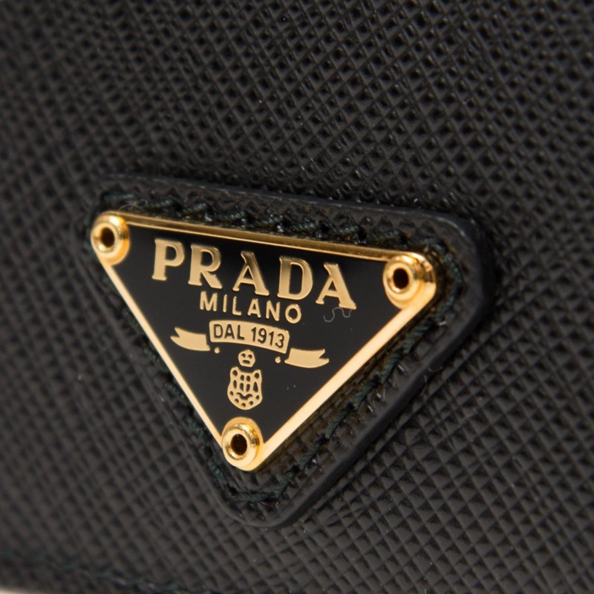 Prada Saffiano Leather Black Gold Triangle Logo Card Holder 1MC208
