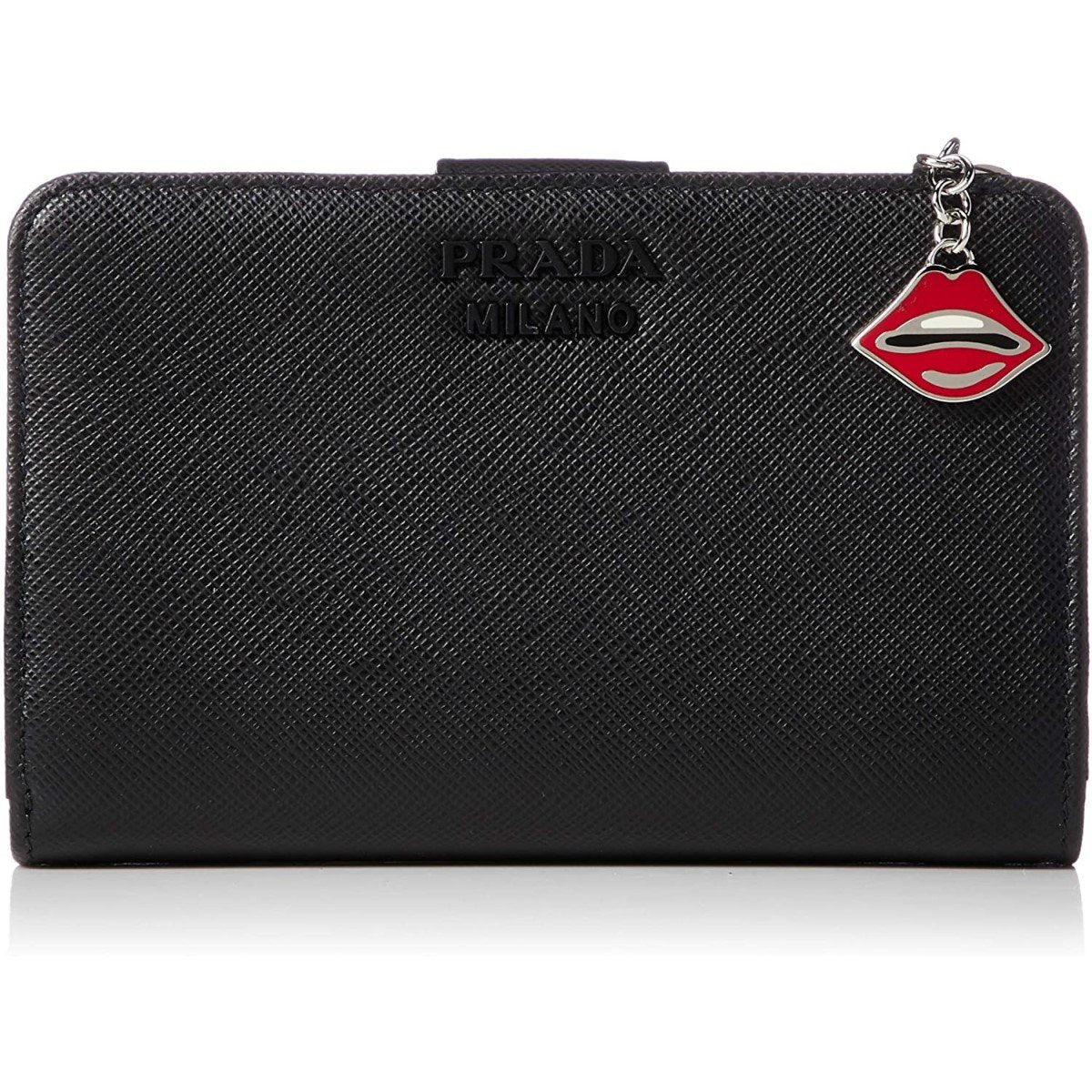 Prada Saffiano Smalto Leather Mare Nero Black Compact Wallet 1ML225