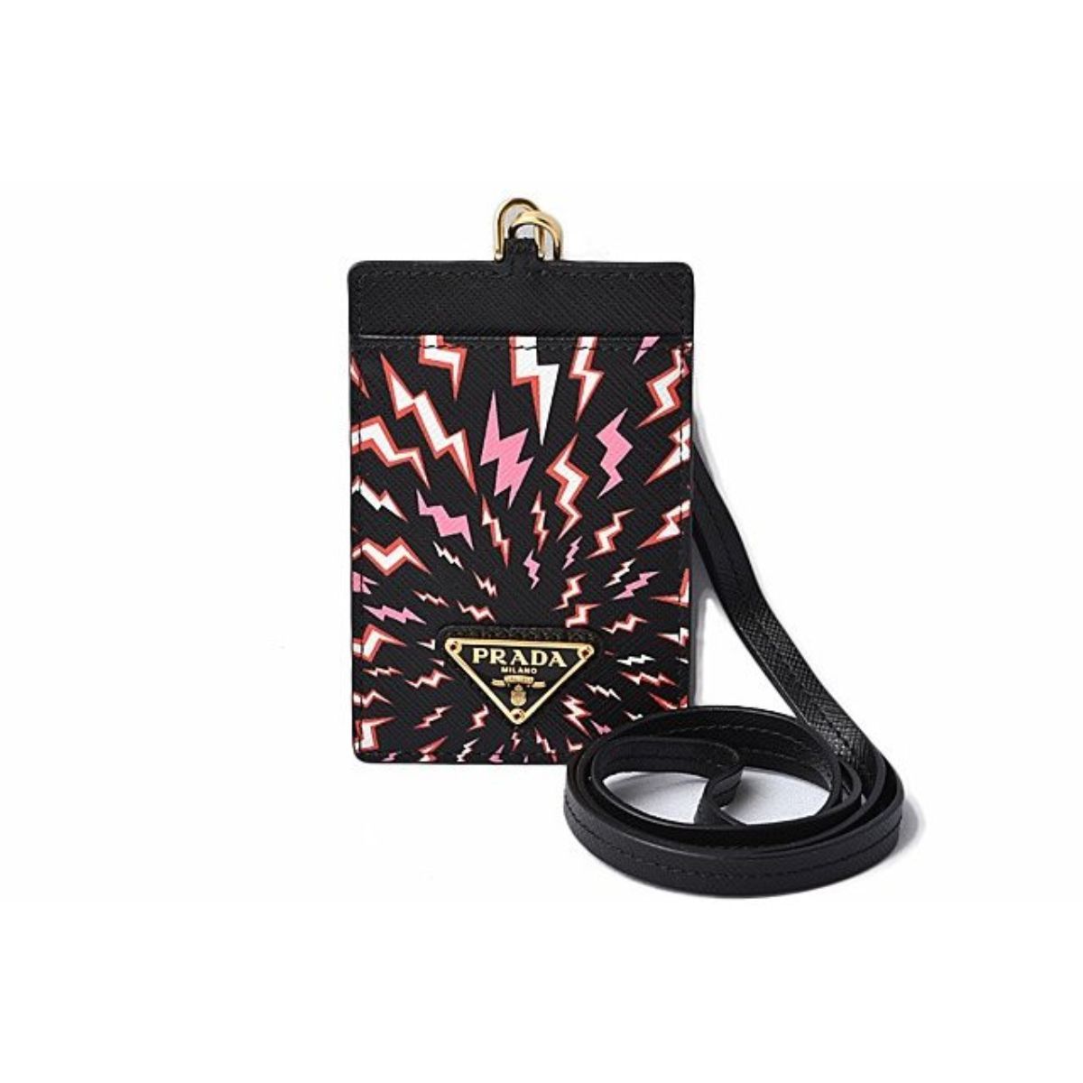 Prada Saffiano Thunder Lacca Black Card Case Badge Holder 1MC007