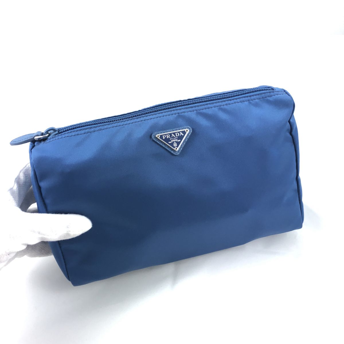 Prada Tessuto Nylon Triangle Logo Large Toiletry Case Bluette Blue 1NA012