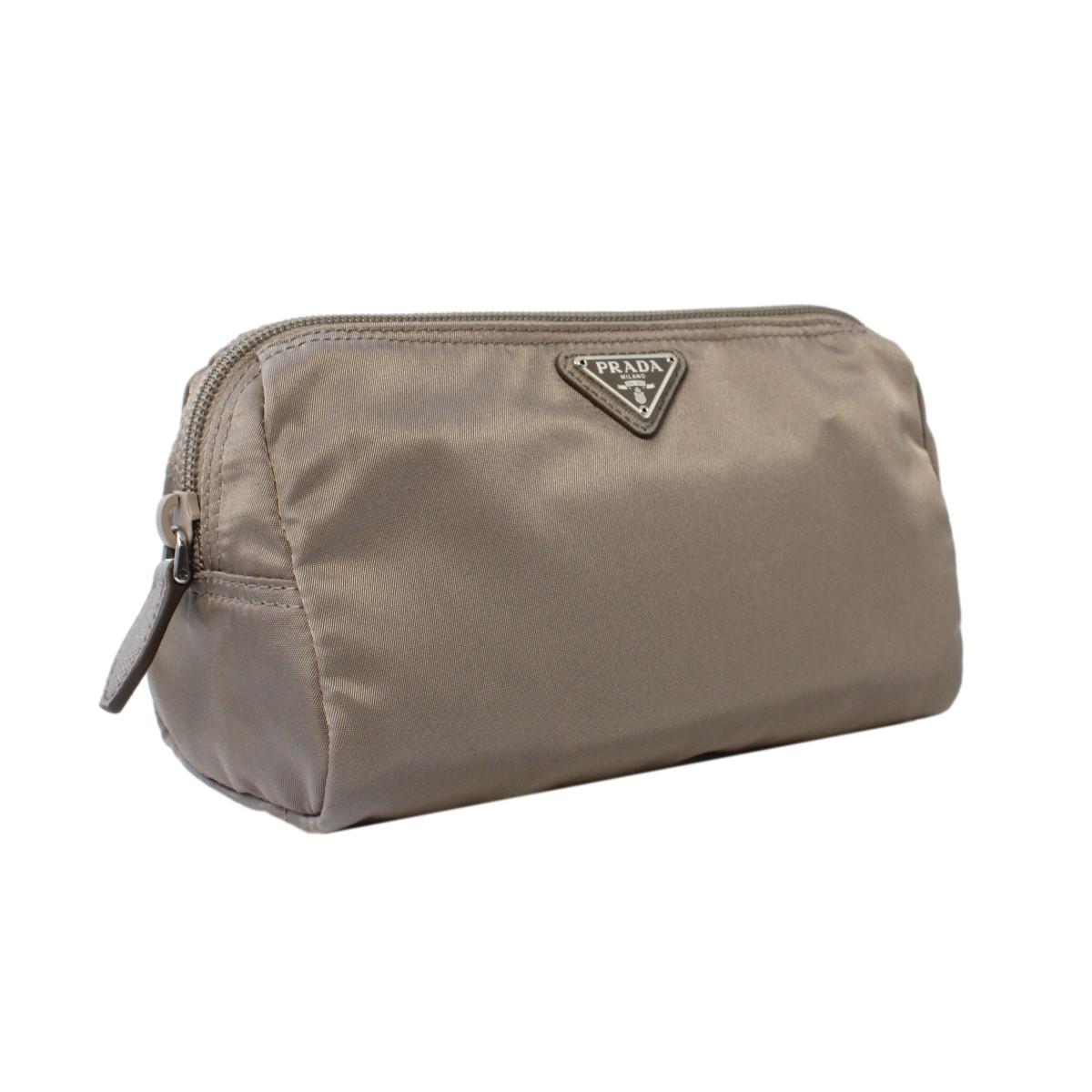 Prada Tessuto Nylon Triangle Logo Large Toiletry Case Argilla Grey 1NA693