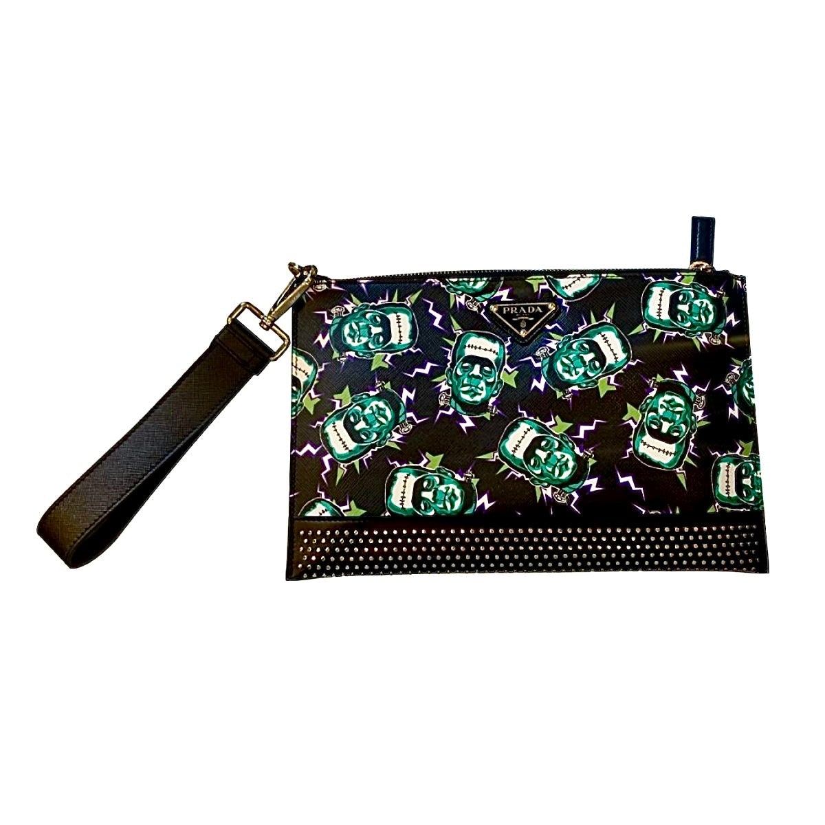 Prada Thunder Frankenstein Black Leather Studded Wristlet Bag