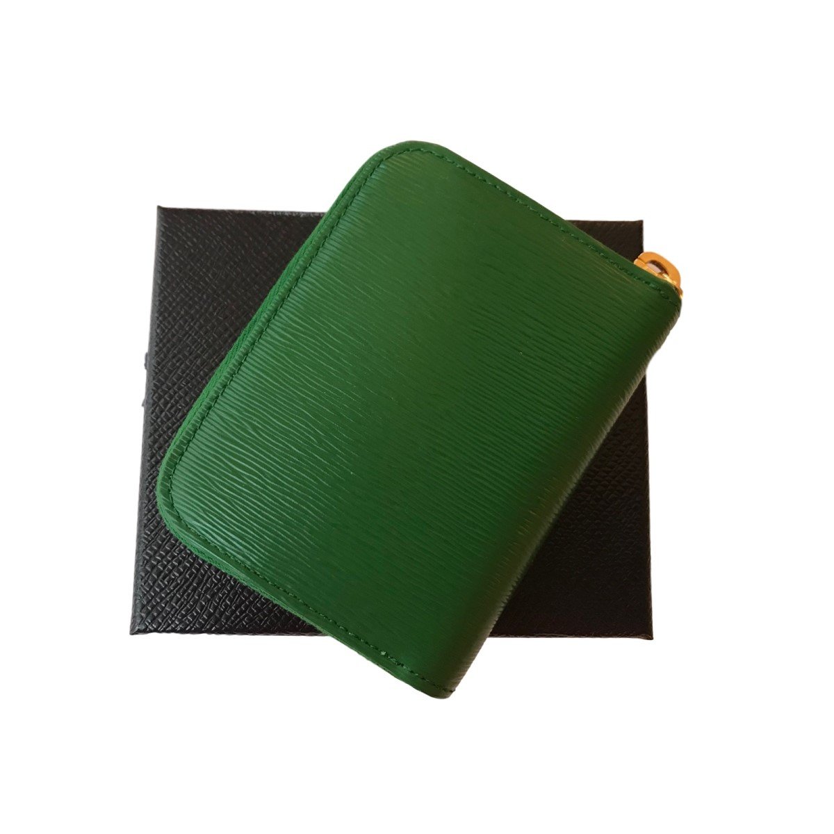 Prada Verde Green Saffiano Leather Gold Zip Coin Purse Wallet 1MM268