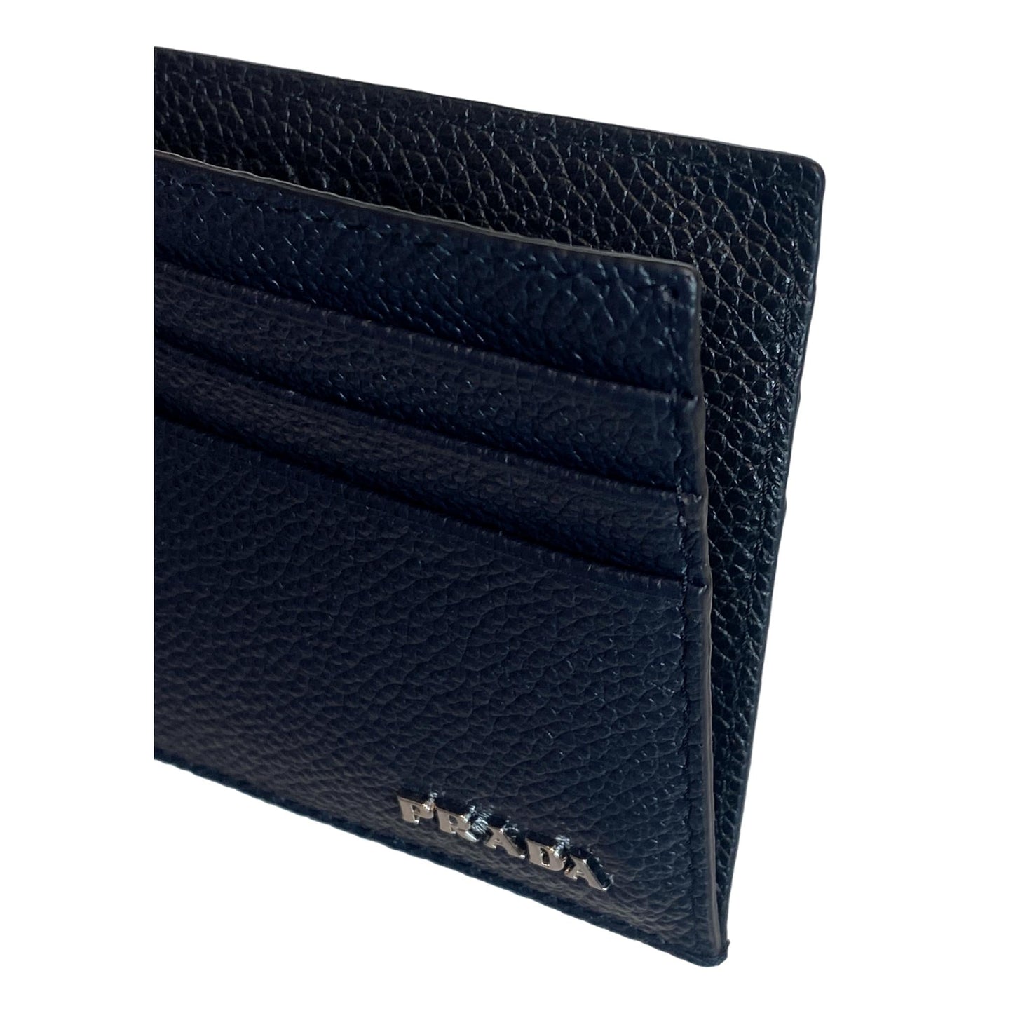 Prada Vitello Micro Grain Leather Blue and Black Card Holder Wallet